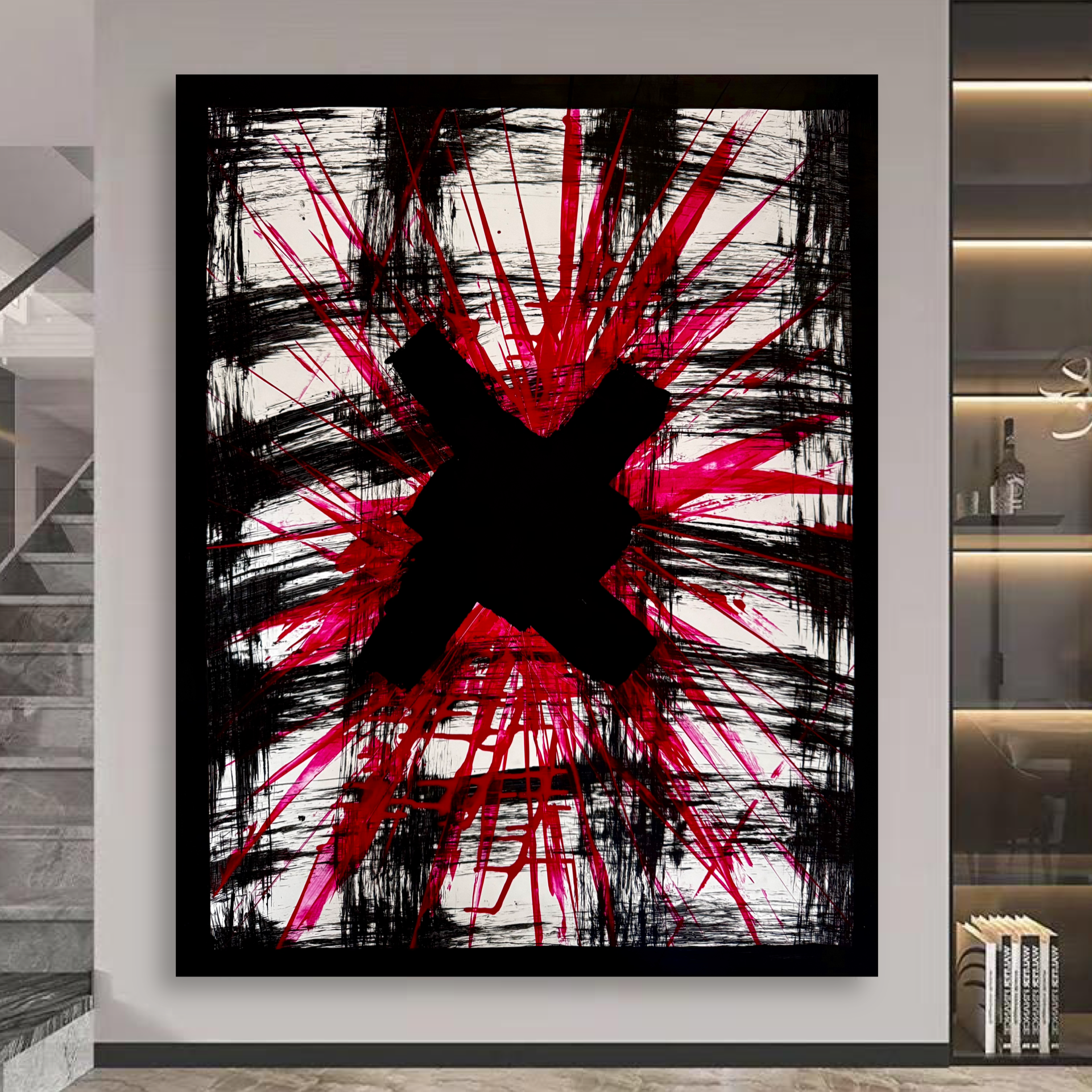 Abstract Red Energy Burst Painting, Textured Acrylic on Poster, Bold Black X, Modern Art