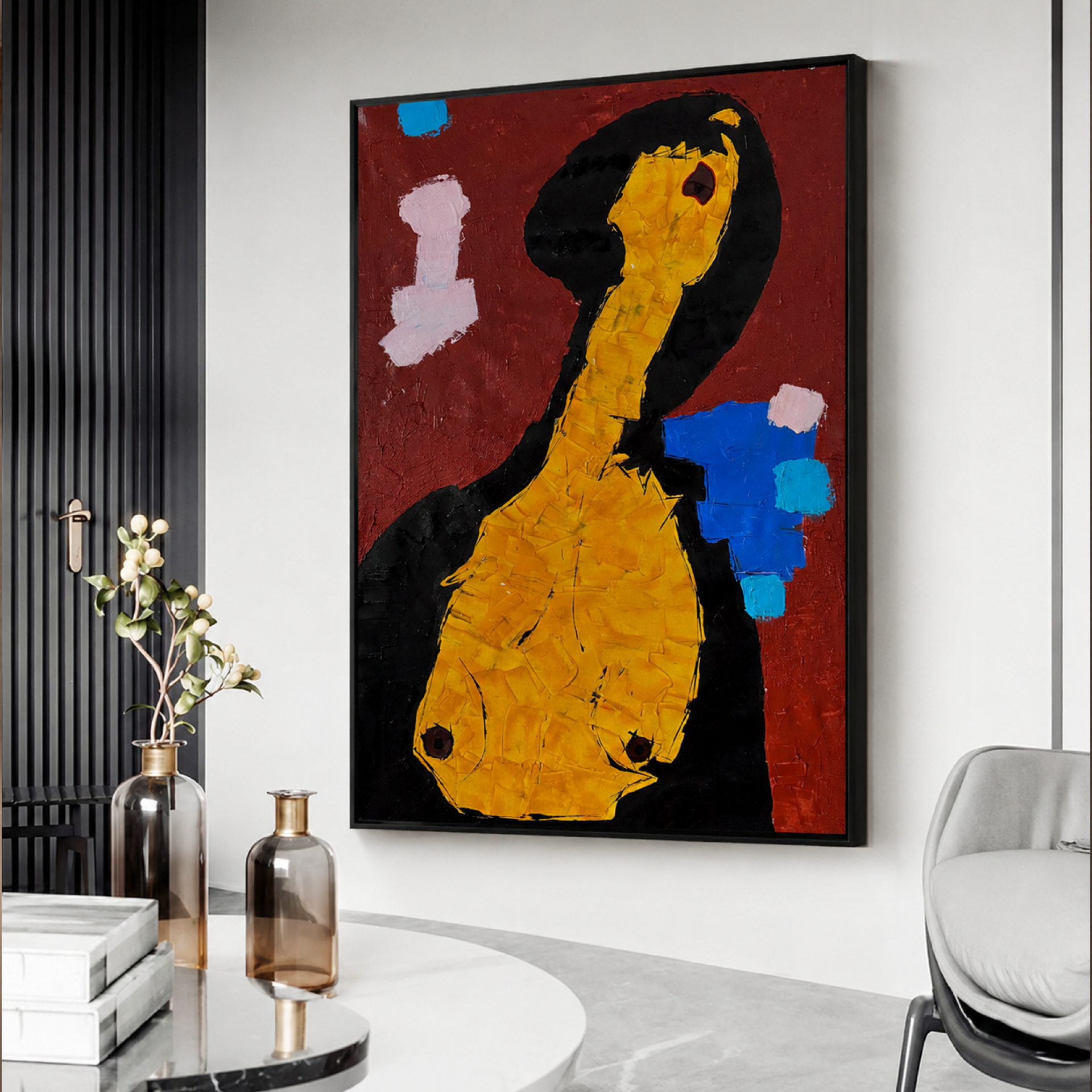 Abstract Expressionist Female Portrait Painting 26x36 Canvas Handmade Acrylic Wall Art One of a Kind