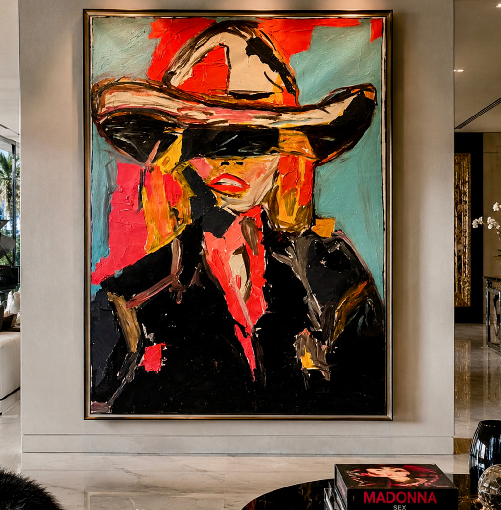 Neo-Expressionist Cowboy Girl Painting, Original Acrylic Canvas Art, Handmade Abstract Western Portrait, 26x36 Inches