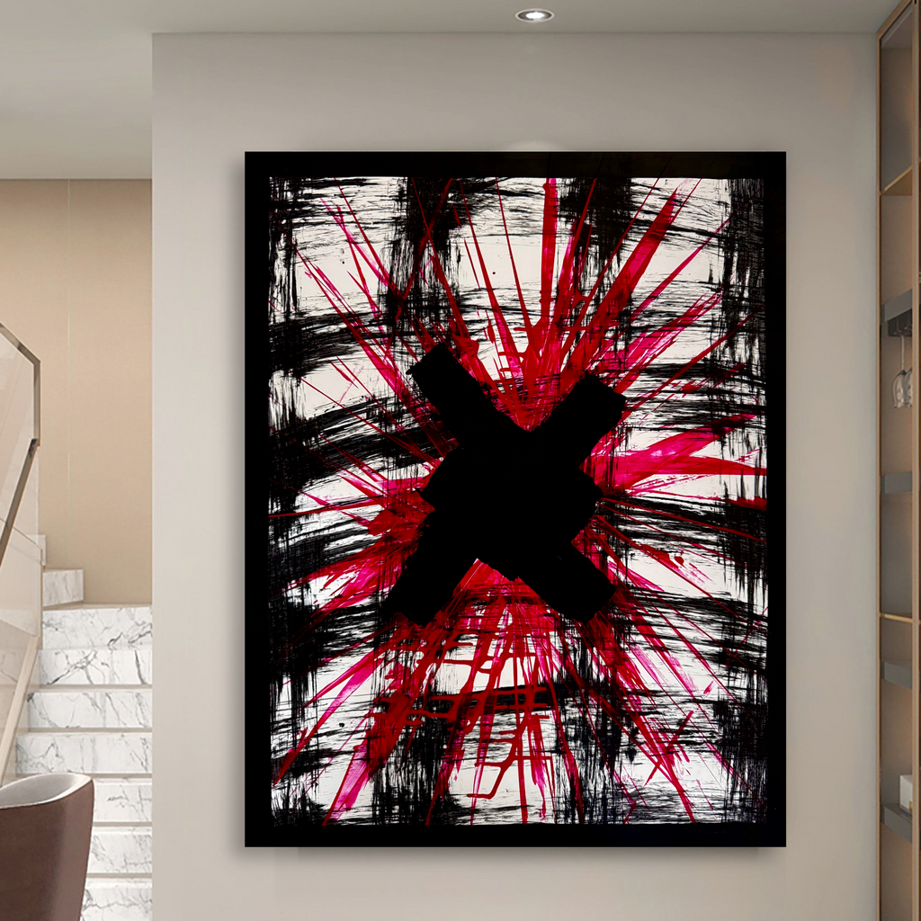 Abstract Red Energy Burst Painting, Textured Acrylic on Poster, Bold Black X, Modern Art