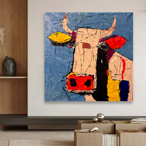 Abstract Cow Painting 32x32 Canvas, Handmade Acrylic Art, Textured Palette Knife Artwork, Modern Expressionist Wall Decor