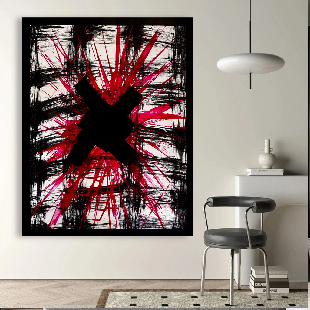 Abstract Red Energy Burst Painting, Textured Acrylic on Poster, Bold Black X, Modern Art