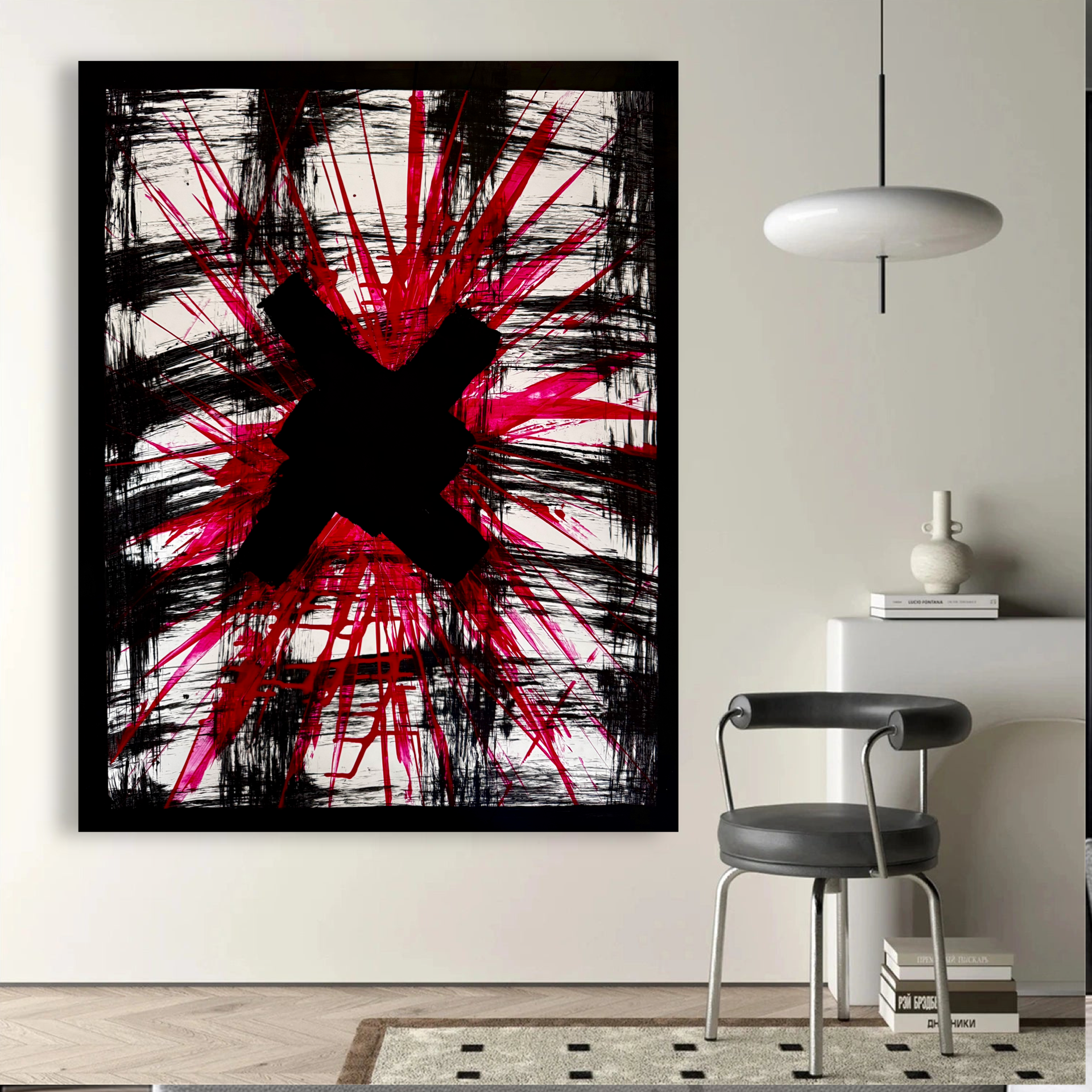 Abstract Red Energy Burst Painting, Textured Acrylic on Poster, Bold Black X, Modern Art