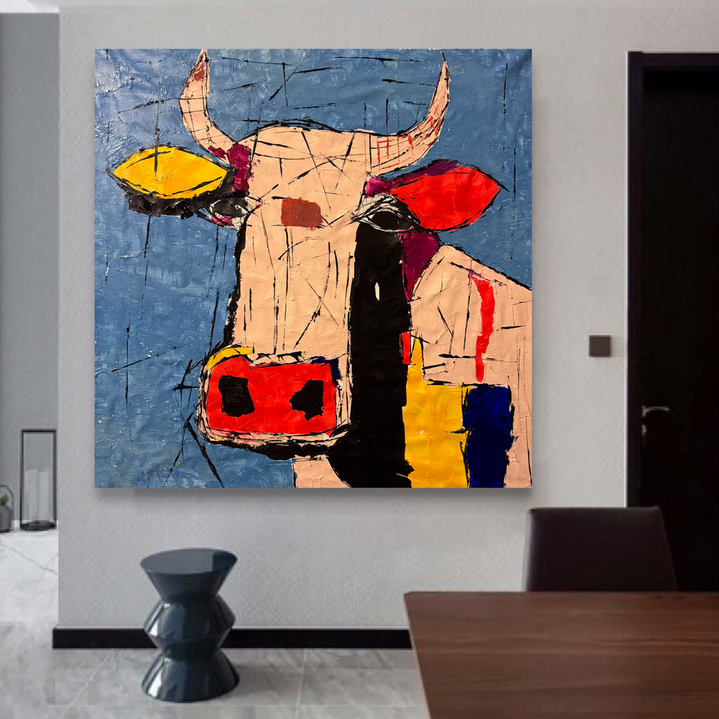 Abstract Cow Painting 32x32 Canvas, Handmade Acrylic Art, Textured Palette Knife Artwork, Modern Expressionist Wall Decor