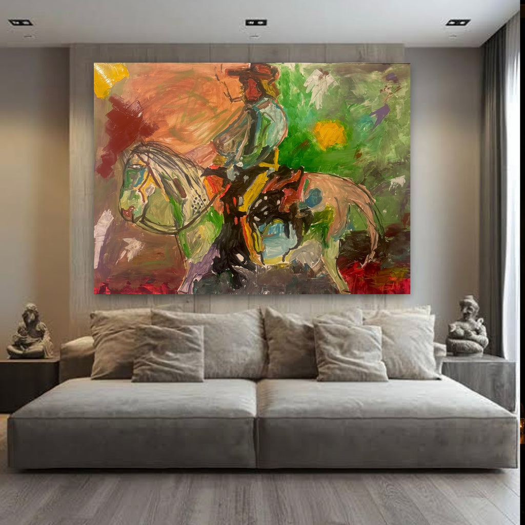 Abstract Expressionist Horse & Rider Painting, 26x36 Original Acrylic on Canvas, Textured Palette Knife Artwork