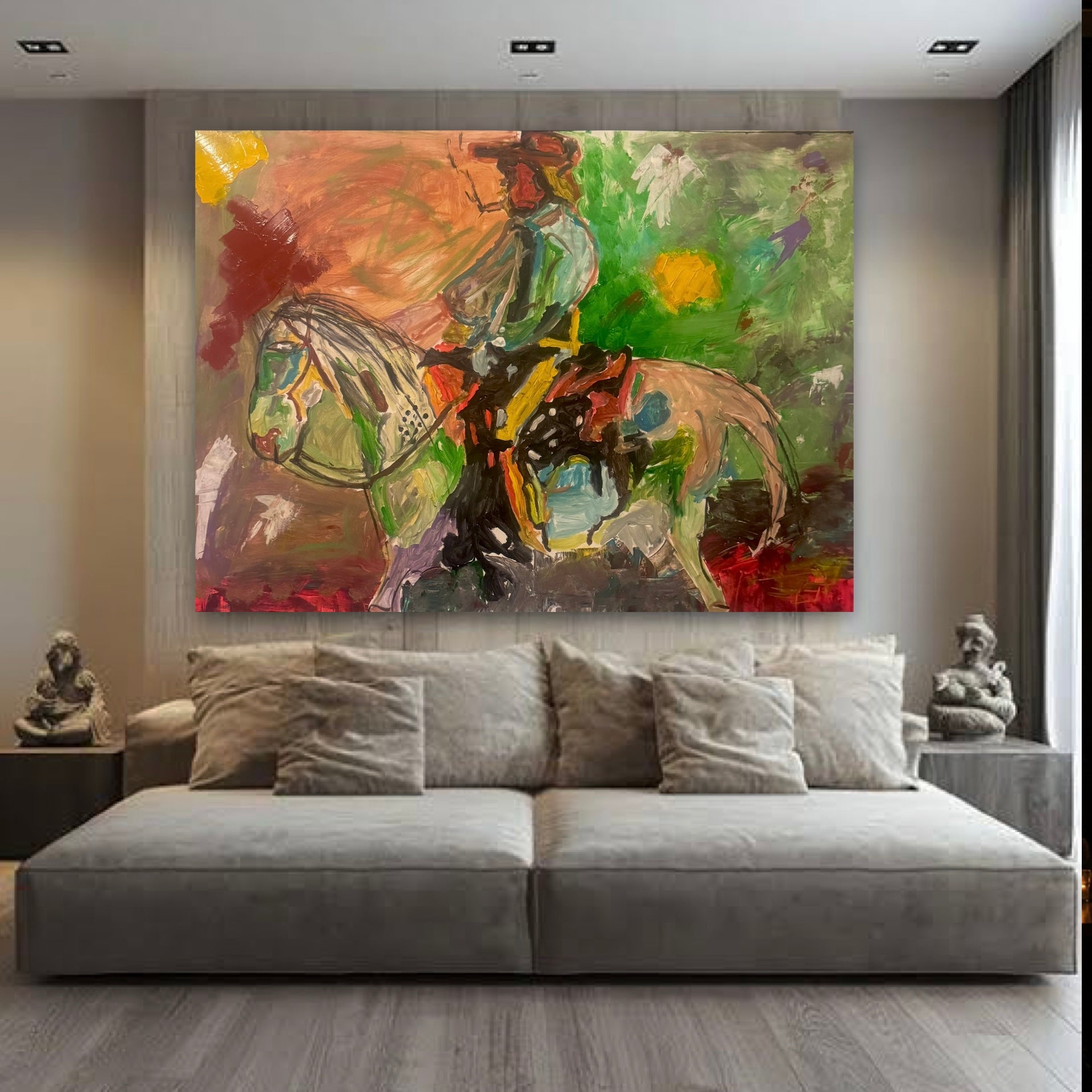 Abstract Expressionist Horse & Rider Painting, 26x36 Original Acrylic on Canvas, Textured Palette Knife Artwork