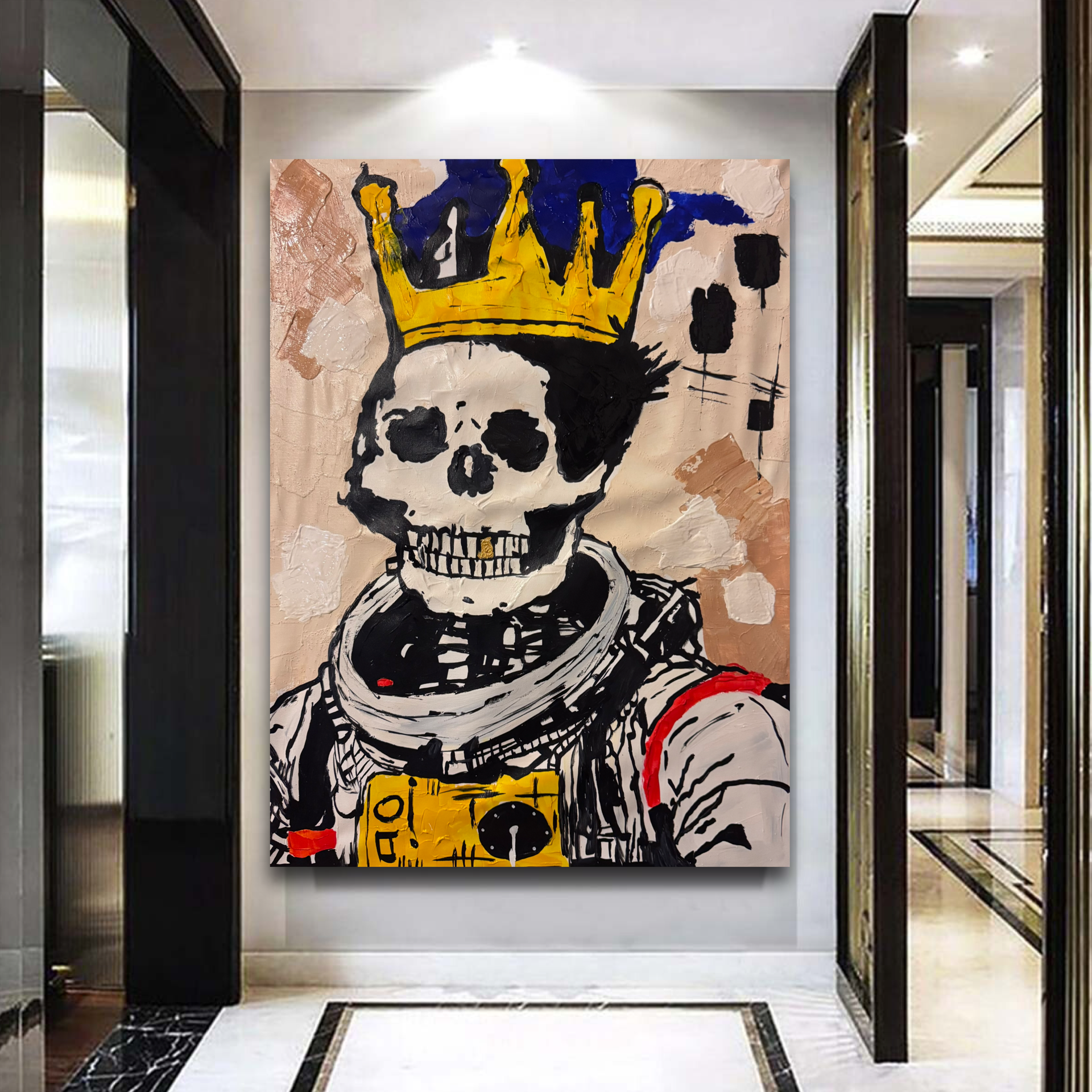 Original Crowned Skull Astronaut Painting | Neo Expressionist Space Art | Handmade Acrylic Canvas | Basquiat Inspired 22x32 inch
