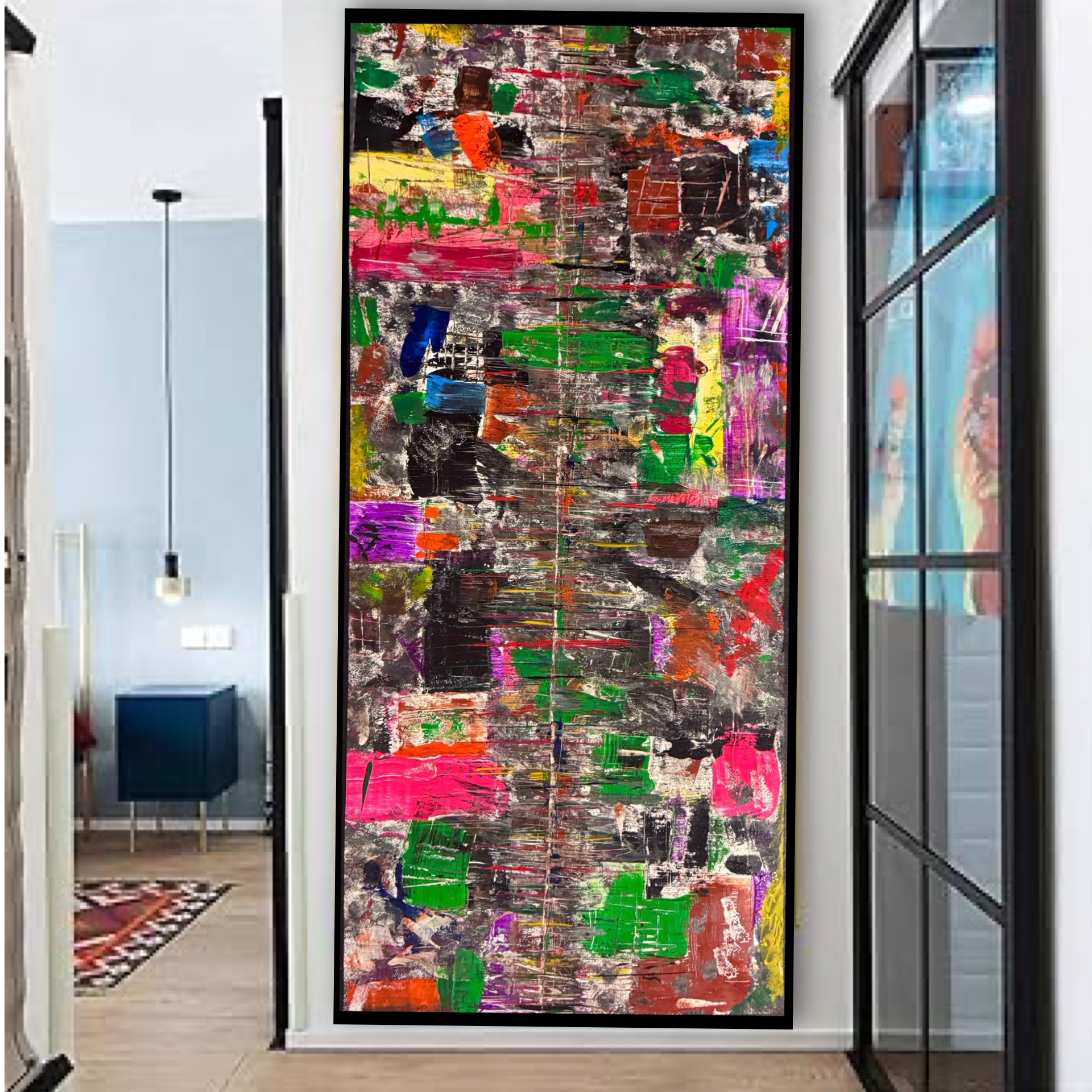 Large Abstract Wall Art on Wood Panel, Framed Acrylic Painting, Modern Contemporary Statement Piece, 50x20 inch Original Artwork