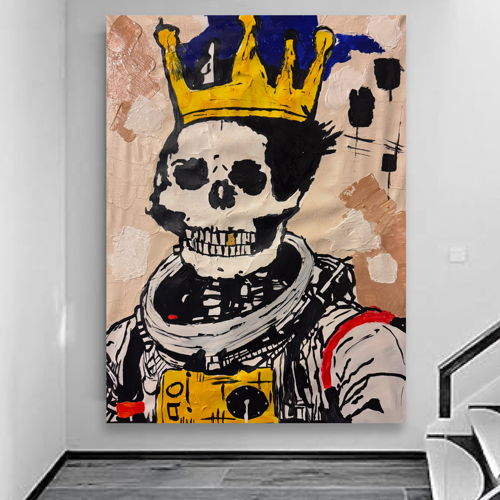 Original Crowned Skull Astronaut Painting | Neo Expressionist Space Art | Handmade Acrylic Canvas | Basquiat Inspired 22x32 inch