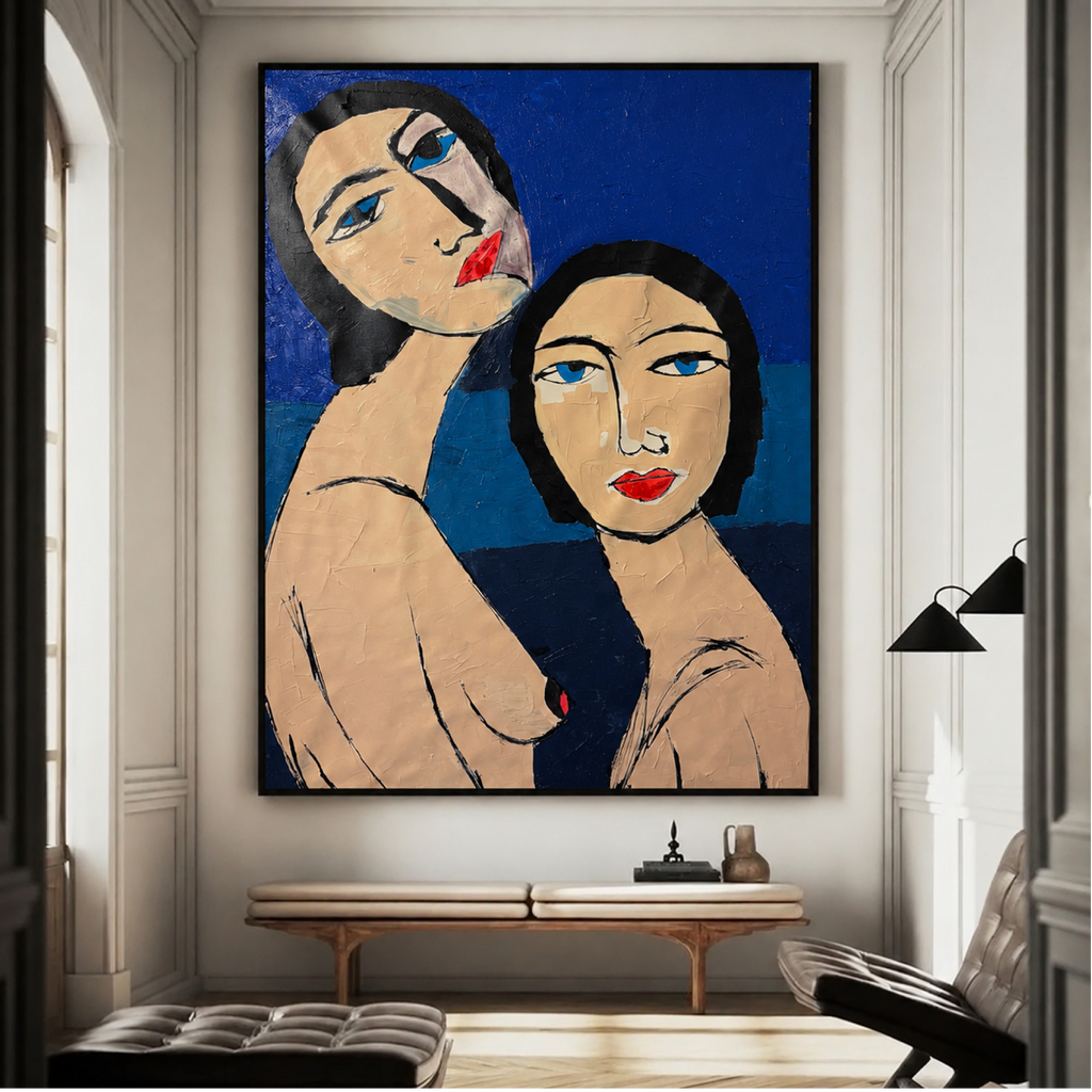 Original Neo-Expressionist Acrylic Canvas Painting, Two Women Portrait, Handmade Textured Wall Art, 26x36 Inches