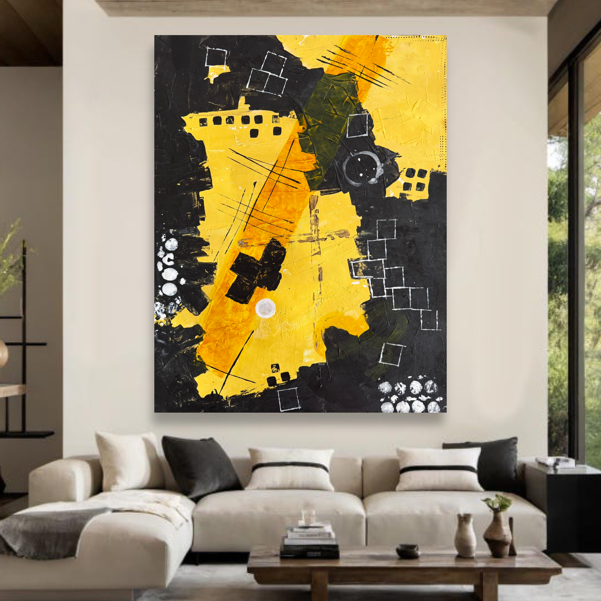 Handmade Abstract Acrylic Painting 22x28 Inch Textured Canvas Wall Art Yellow Black Modern Artwork Vertical Horizontal Ready to Hang