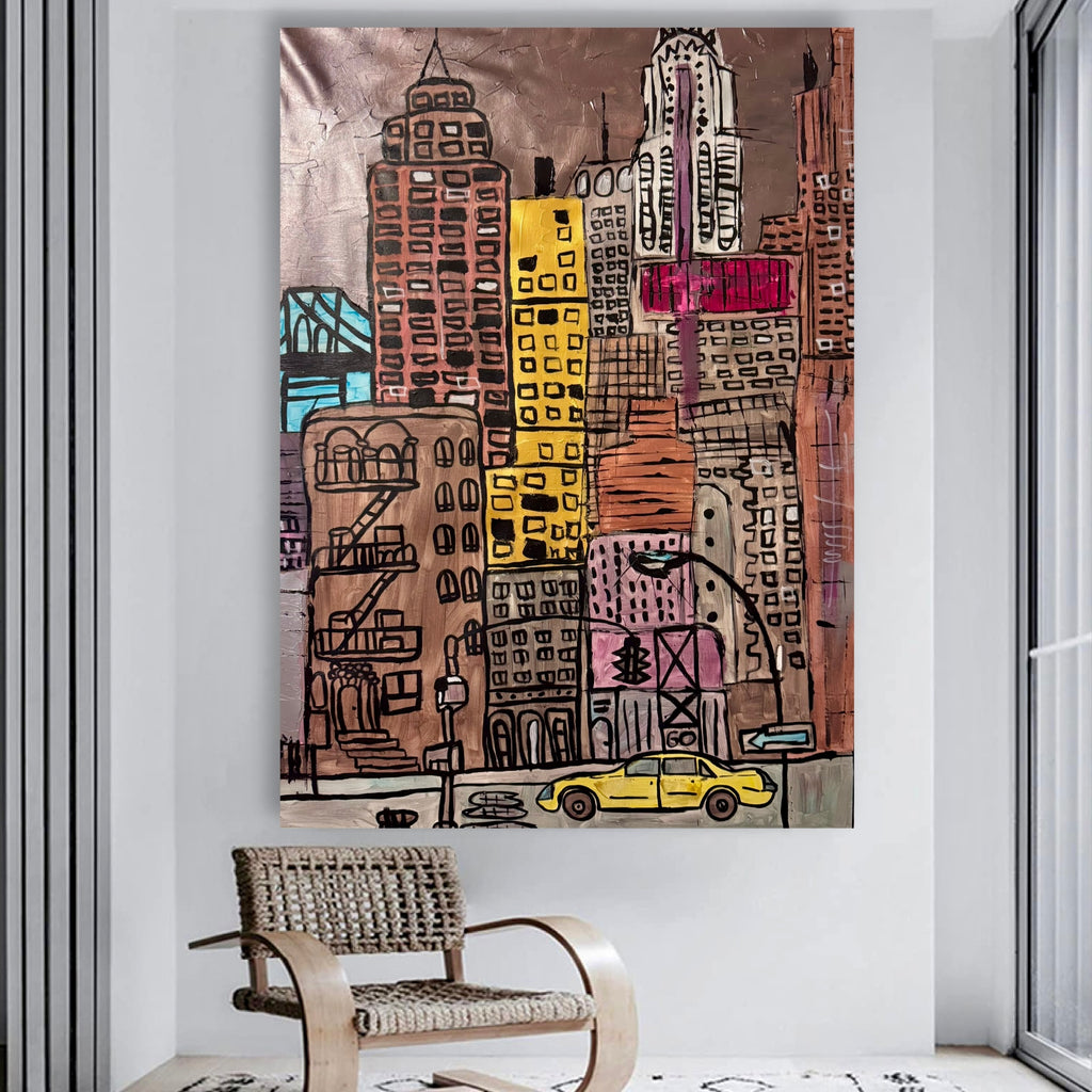 Original NYC Skyline Painting 26x36 Canvas | Hand Painted Acrylic Abstract Cityscape with Yellow Taxi & Urban Style