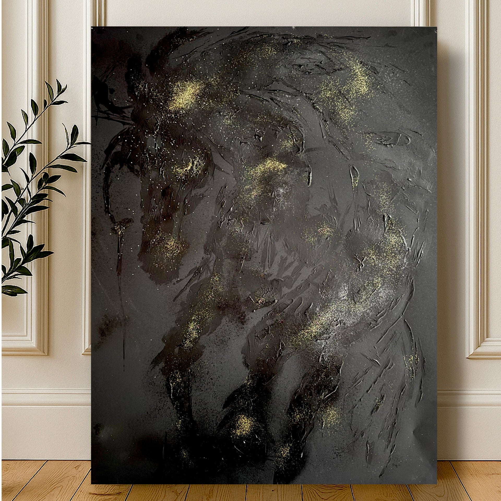 Abstract Horse Wall Art, Textured Acrylic Painting, Black and Gold Modern Artwork, Palette Knife Horse Art, Contemporary Animal Decor