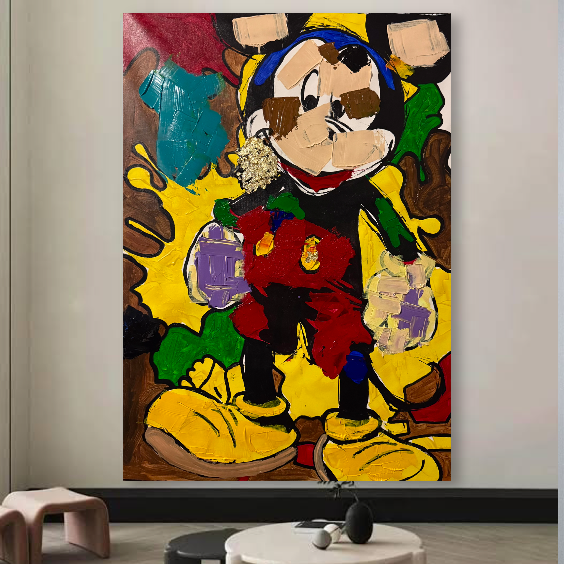 Abstract Mickey Mouse Acrylic Painting | Original Handmade Pop Art Canvas | Textured Brush & Palette Knife Artwork 26x36 inch