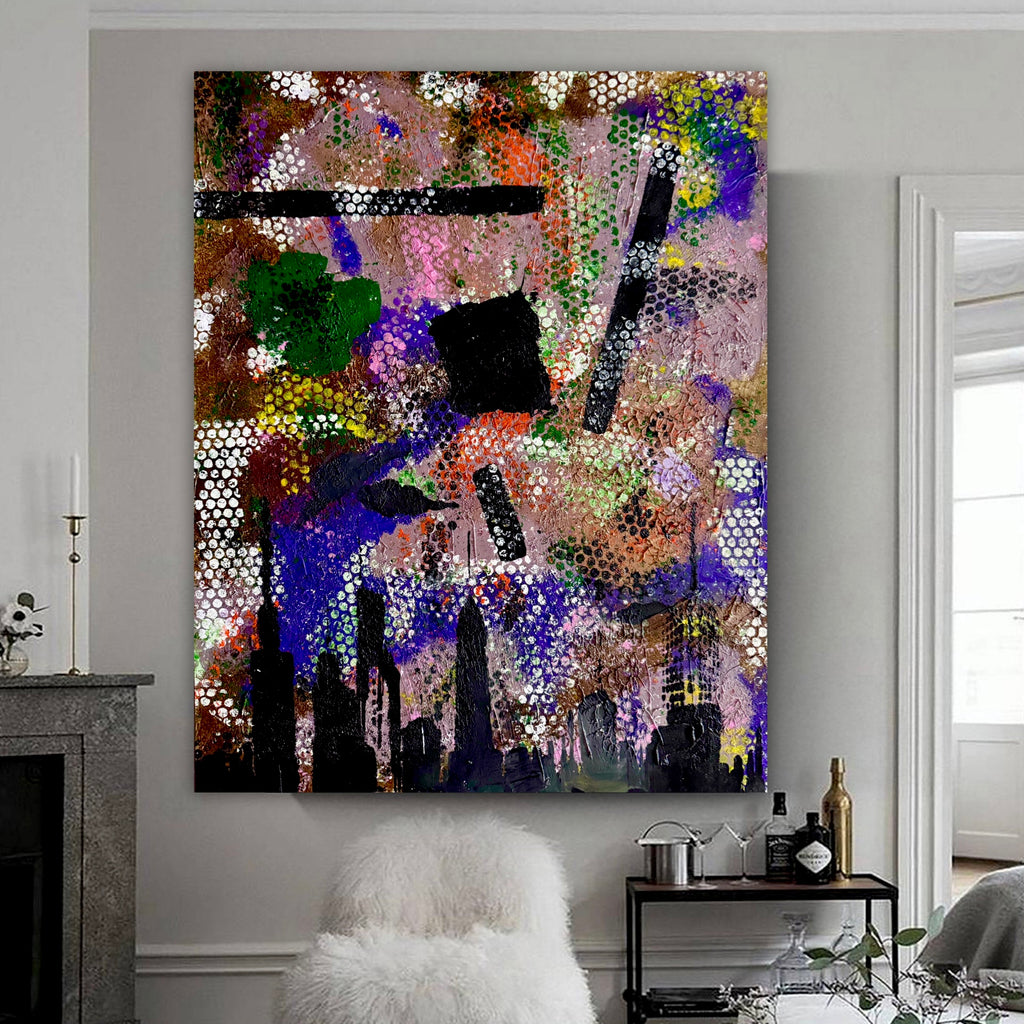 Abstract Manhattan Skyline Painting, Bubble Texture Pop Art, Acrylic on Poster Board 22x28, New York City Urban Contemporary Wall Art