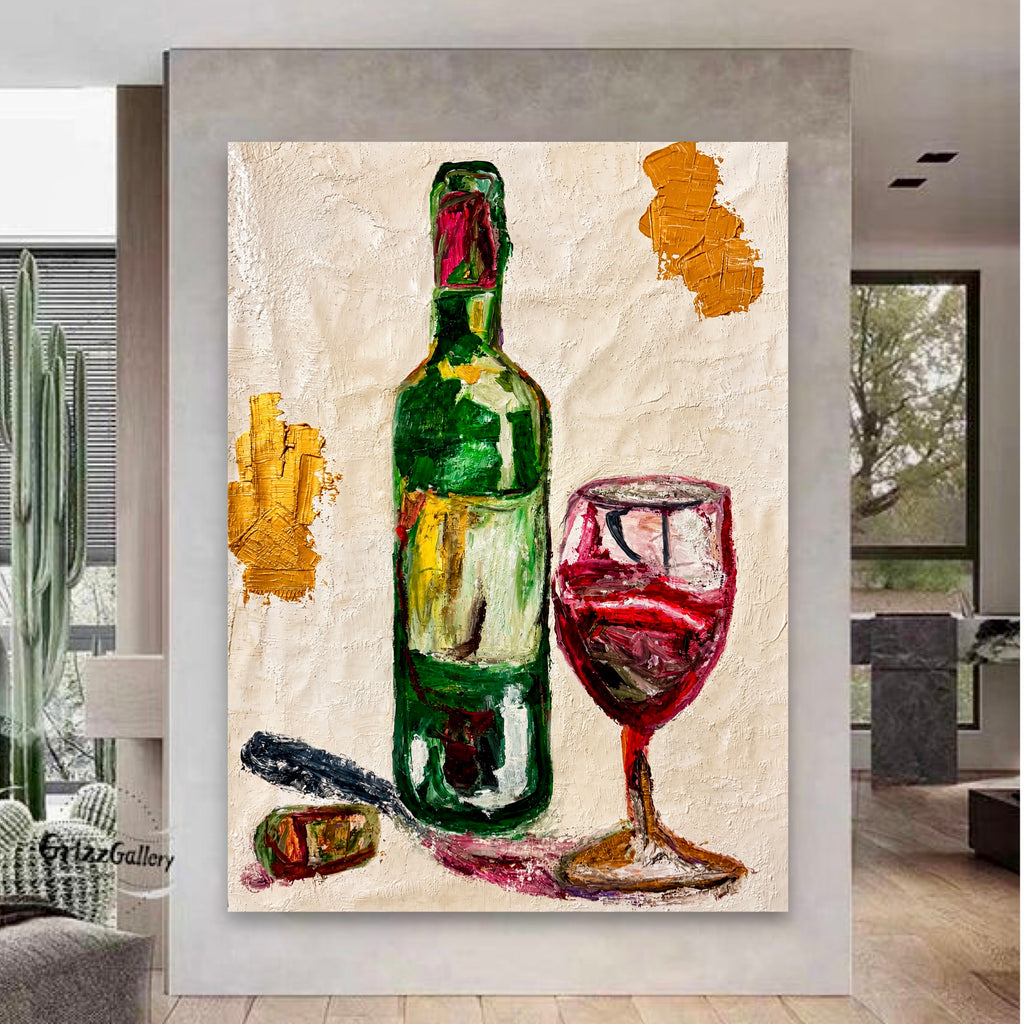 Vintage Wine Still Life – Original Palette Knife Acrylic & Oil Painting on 26x36 Canvas, Contemporary Expressionist Art