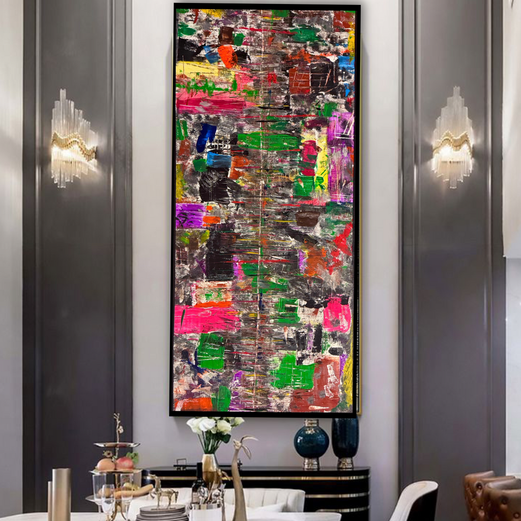 Large Abstract Wall Art on Wood Panel, Framed Acrylic Painting, Modern Contemporary Statement Piece, 50x20 inch Original Artwork