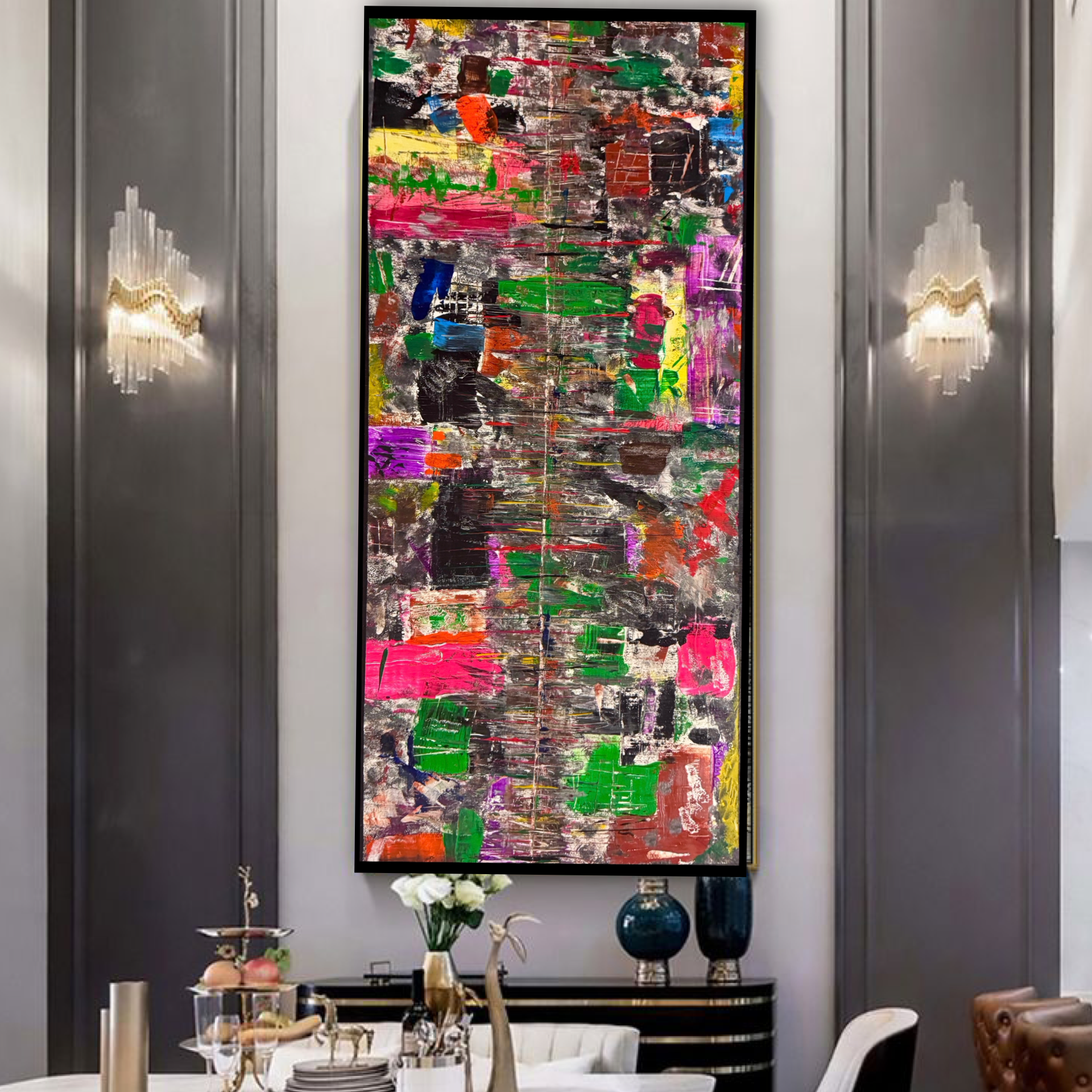 Large Abstract Wall Art on Wood Panel, Framed Acrylic Painting, Modern Contemporary Statement Piece, 50x20 inch Original Artwork