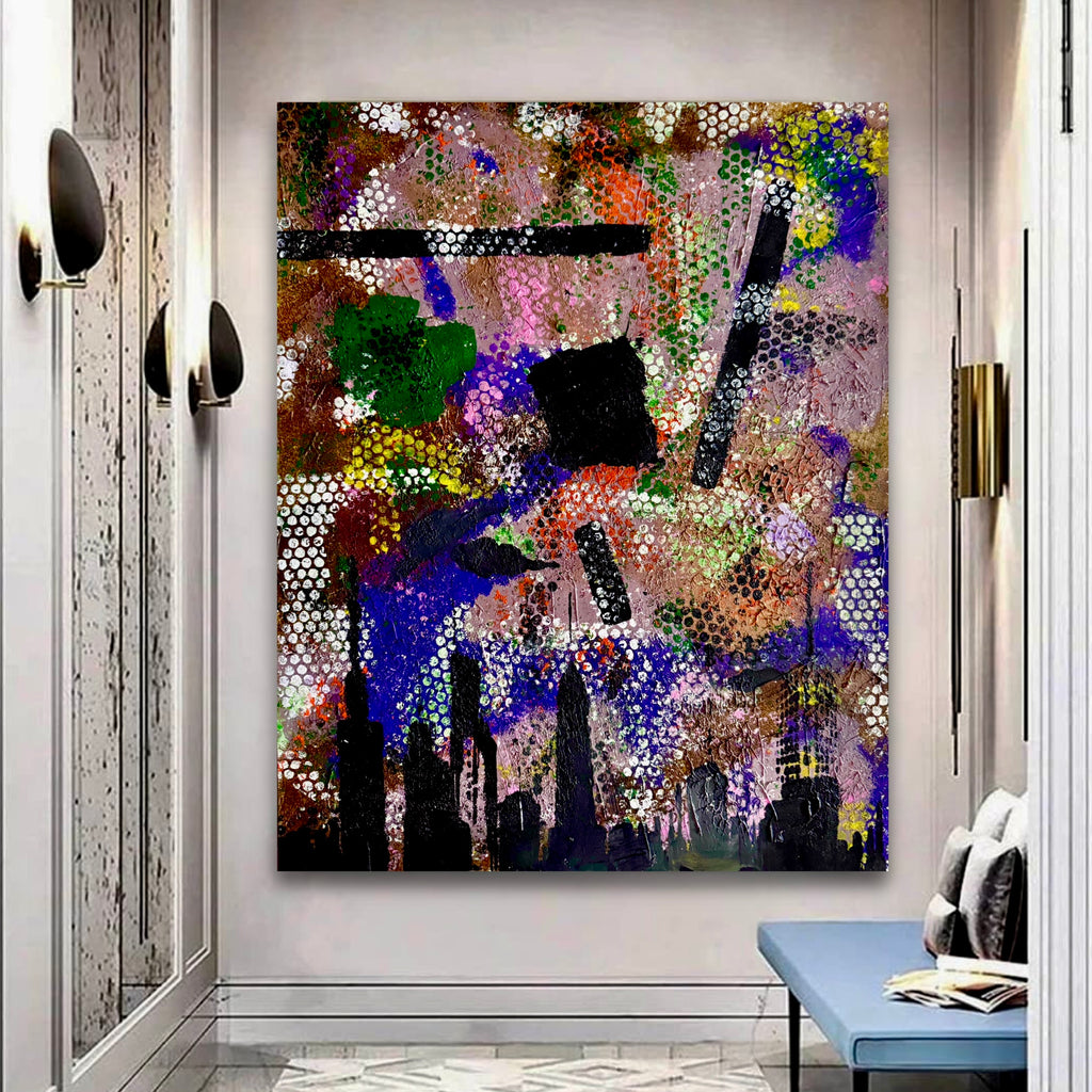 Abstract Manhattan Skyline Painting, Bubble Texture Pop Art, Acrylic on Poster Board 22x28, New York City Urban Contemporary Wall Art