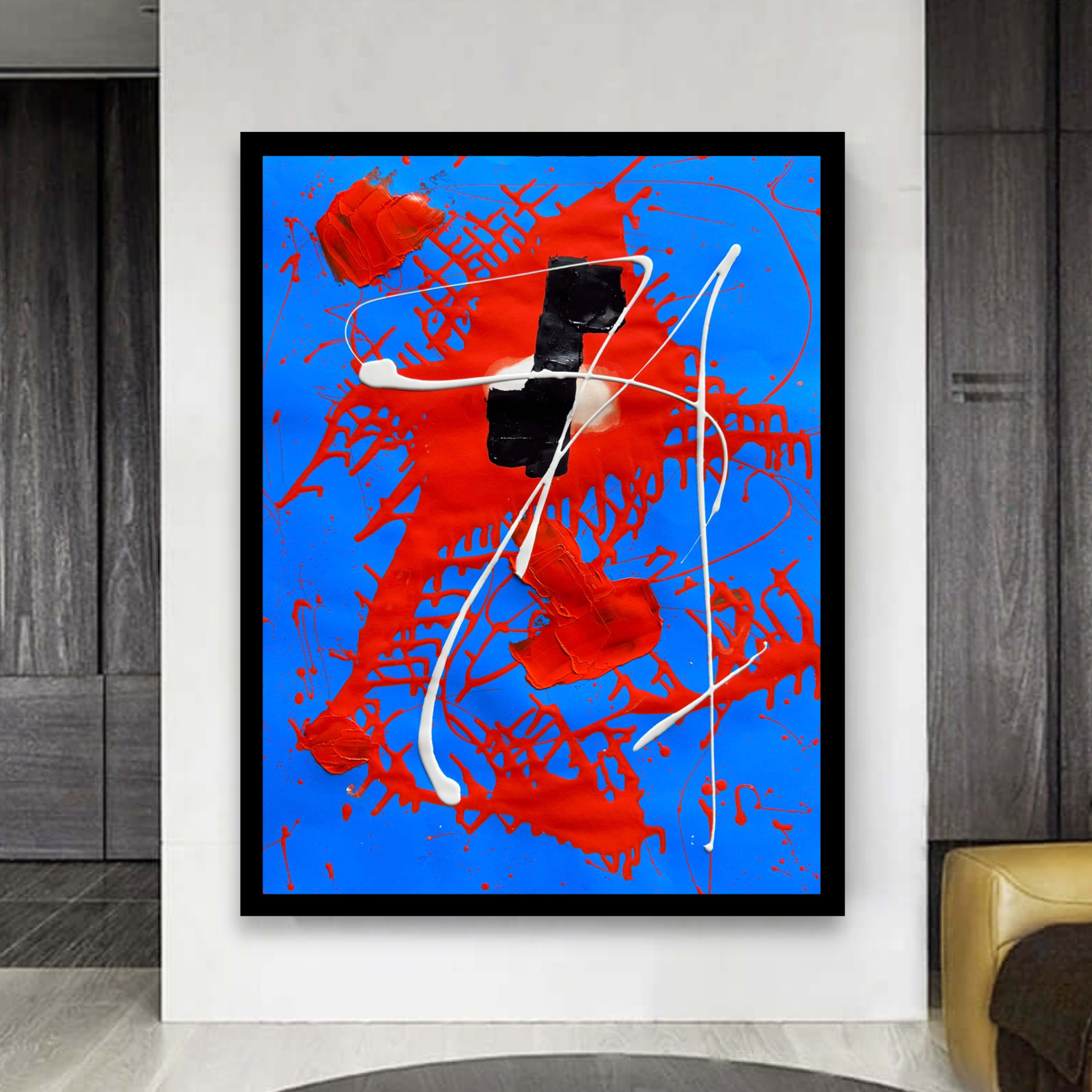 Bold Abstract Expression in Red, Blue and White – Textured Contemporary Acrylic Painting with Dynamic Splashes and Sculptural Layers