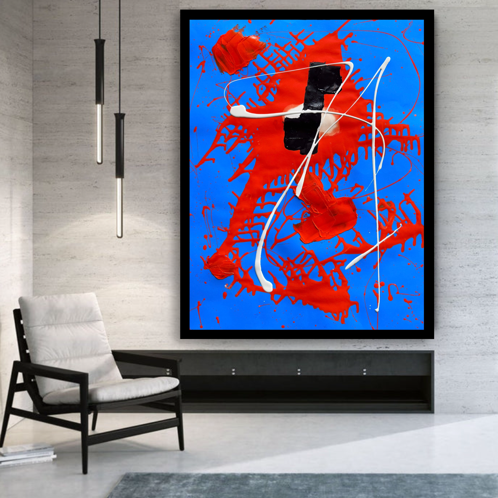 Bold Abstract Expression in Red, Blue and White – Textured Contemporary Acrylic Painting with Dynamic Splashes and Sculptural Layers