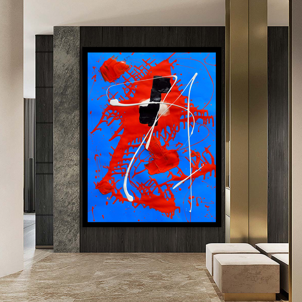 Bold Abstract Expression in Red, Blue and White – Textured Contemporary Acrylic Painting with Dynamic Splashes and Sculptural Layers