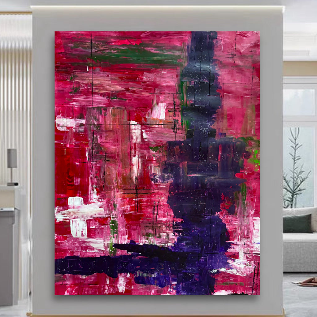 Abstract Acrylic Painting 22x28, Textured Poster Art, Red Pink Modern Wall Art, Palette Knife Brush Work, Contemporary Decor