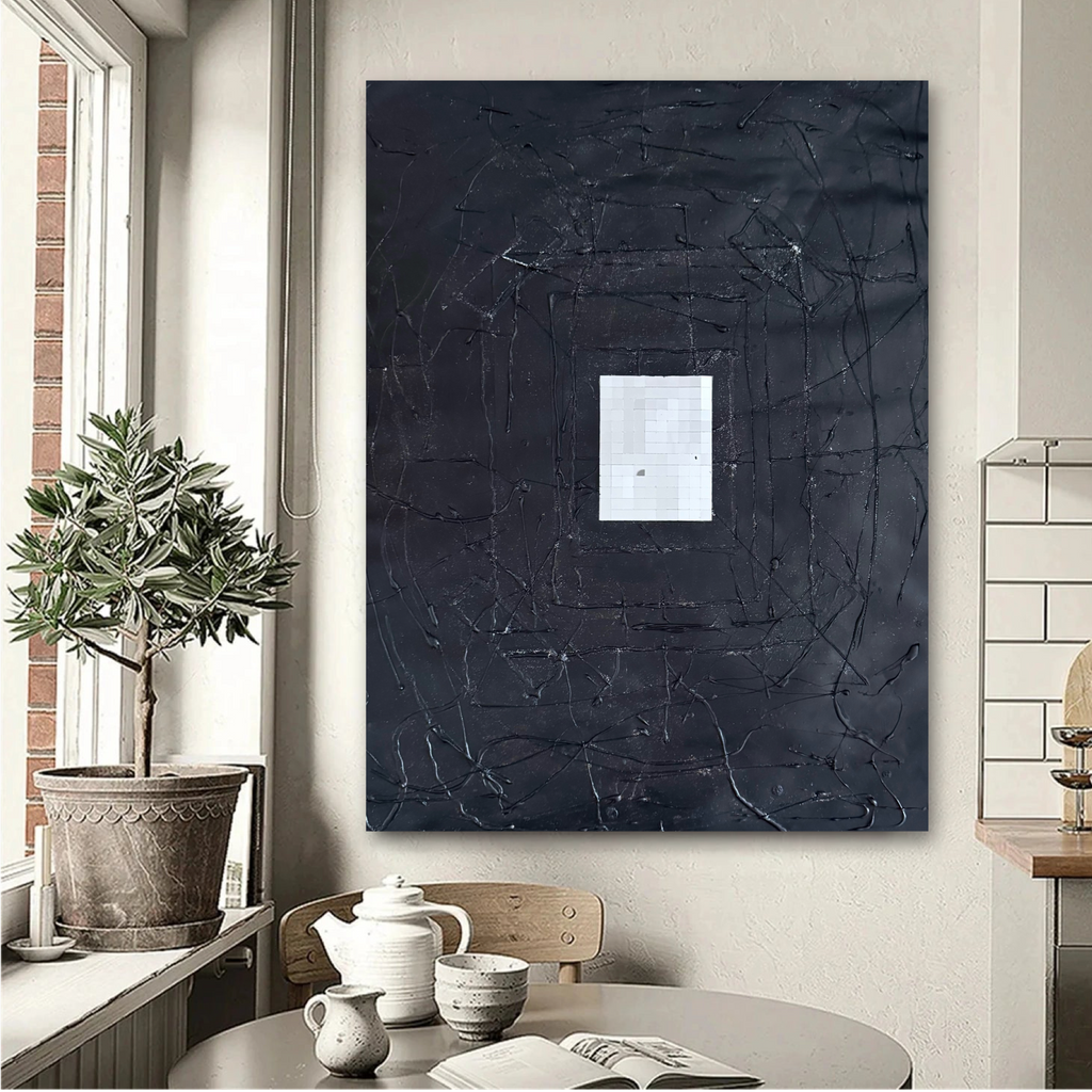 Abstract Textured Mixed Media Painting, Acrylic & Silicone Relief, Glass Elements, Dark Minimal Modern Art on Poster, 22x28 Inches