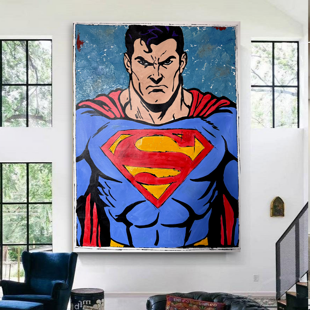 Superman Abstract Acrylic Painting on Canvas 26x36 | Handmade Pop Art Comic Style Wall Artwork