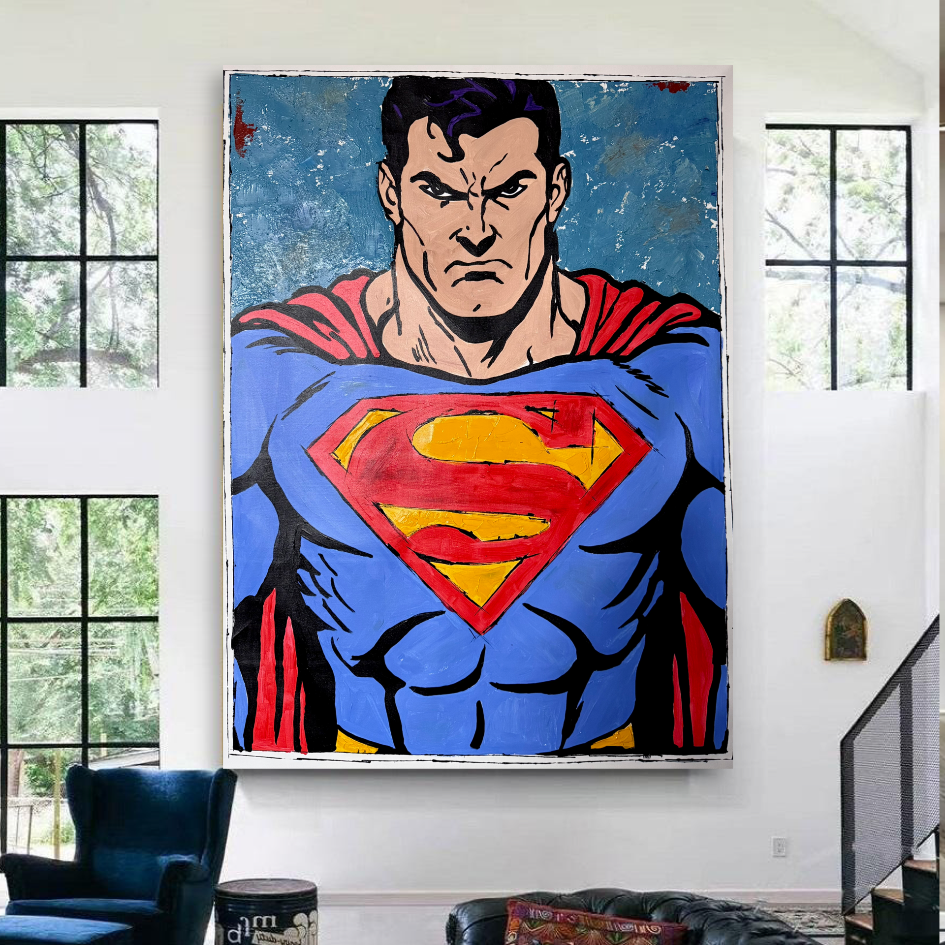 Superman Abstract Acrylic Painting on Canvas 26x36 | Handmade Pop Art Comic Style Wall Artwork