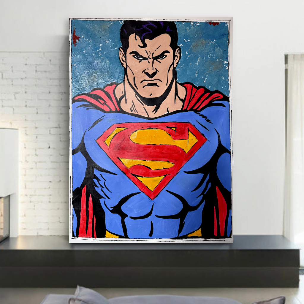 Superman Abstract Acrylic Painting on Canvas 26x36 | Handmade Pop Art Comic Style Wall Artwork