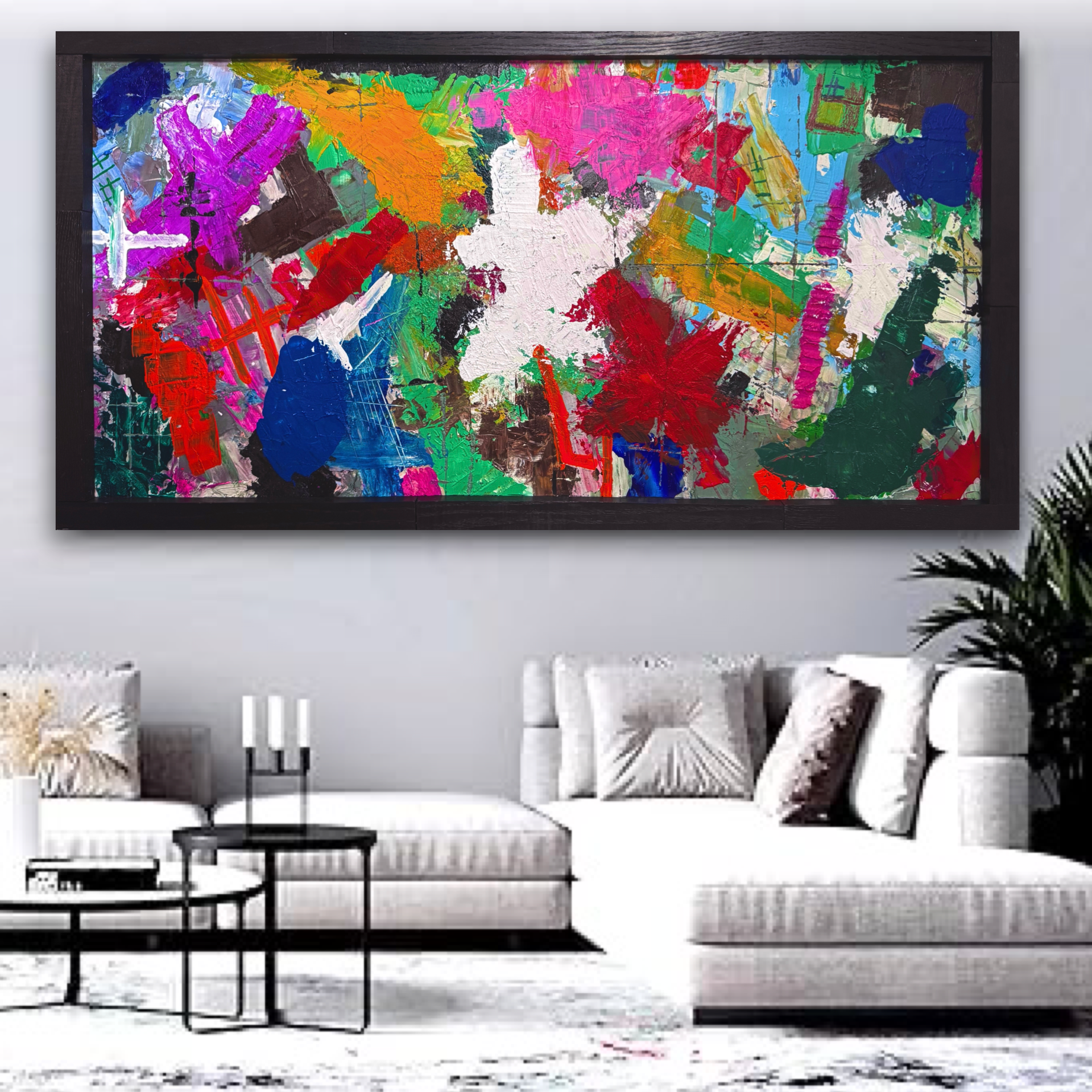 Large Framed Abstract Painting 48x24 Textured Acrylic on MDF, Modern Colorful Statement Wall Art, Horizontal or Vertical