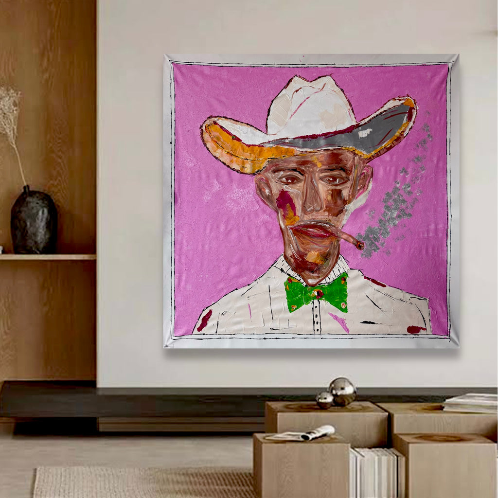 Abstract Expressionist Cowboy | Original 34x34” Hand-Painted Acrylic on Canvas | Textured Palette Knife & Brush Artwork