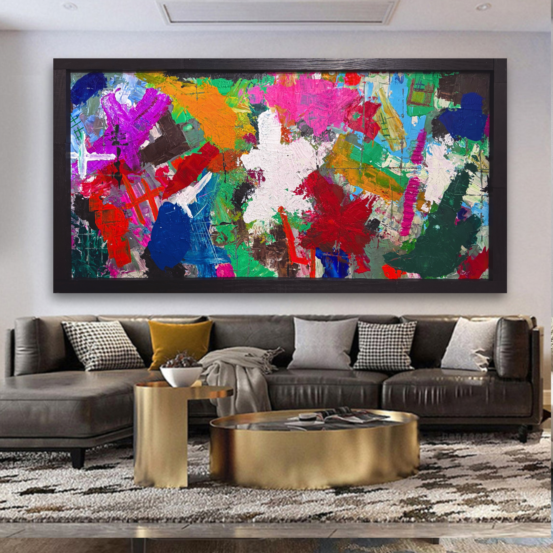 Large Framed Abstract Painting 48x24 Textured Acrylic on MDF, Modern Colorful Statement Wall Art, Horizontal or Vertical