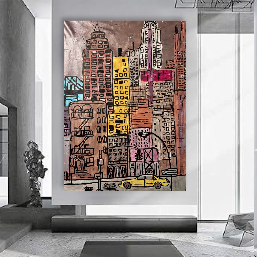 Original NYC Skyline Painting 26x36 Canvas | Hand Painted Acrylic Abstract Cityscape with Yellow Taxi & Urban Style