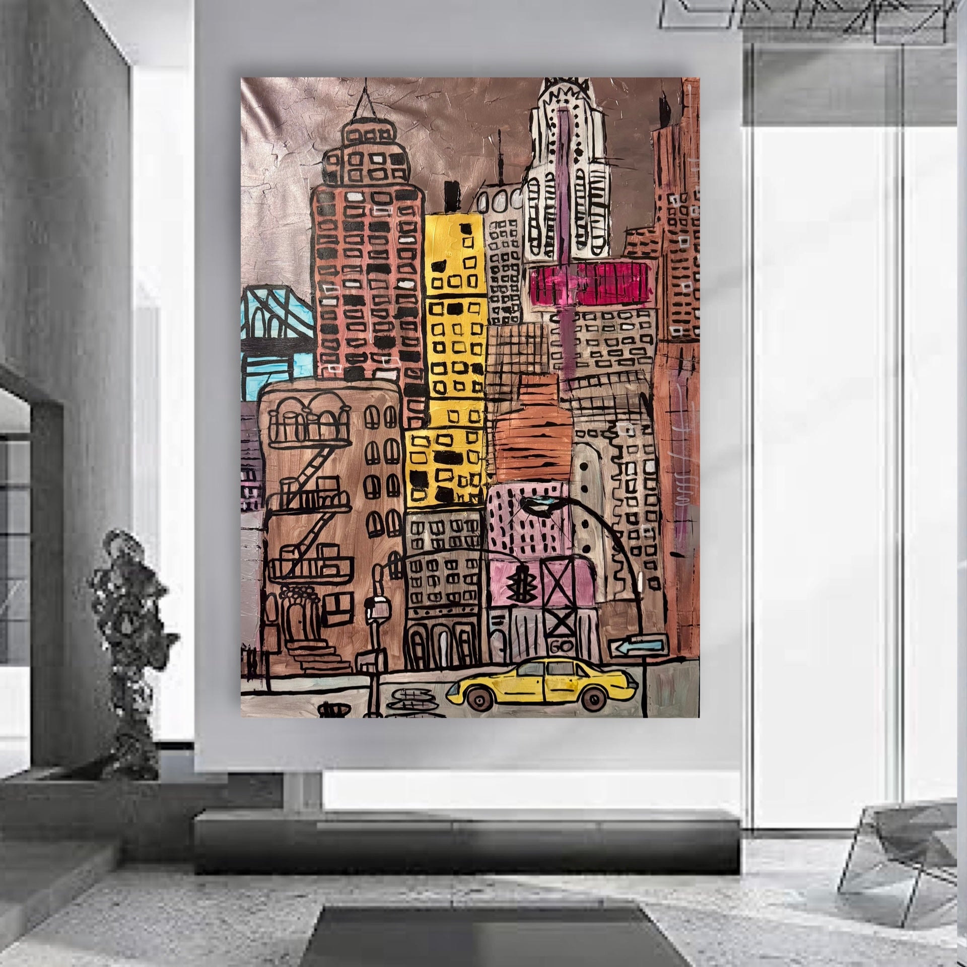 Original NYC Skyline Painting 26x36 Canvas | Hand Painted Acrylic Abstract Cityscape with Yellow Taxi & Urban Style