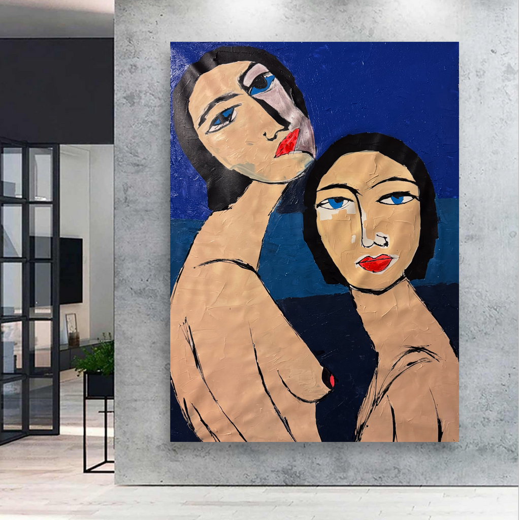 Original Neo-Expressionist Acrylic Canvas Painting, Two Women Portrait, Handmade Textured Wall Art, 26x36 Inches