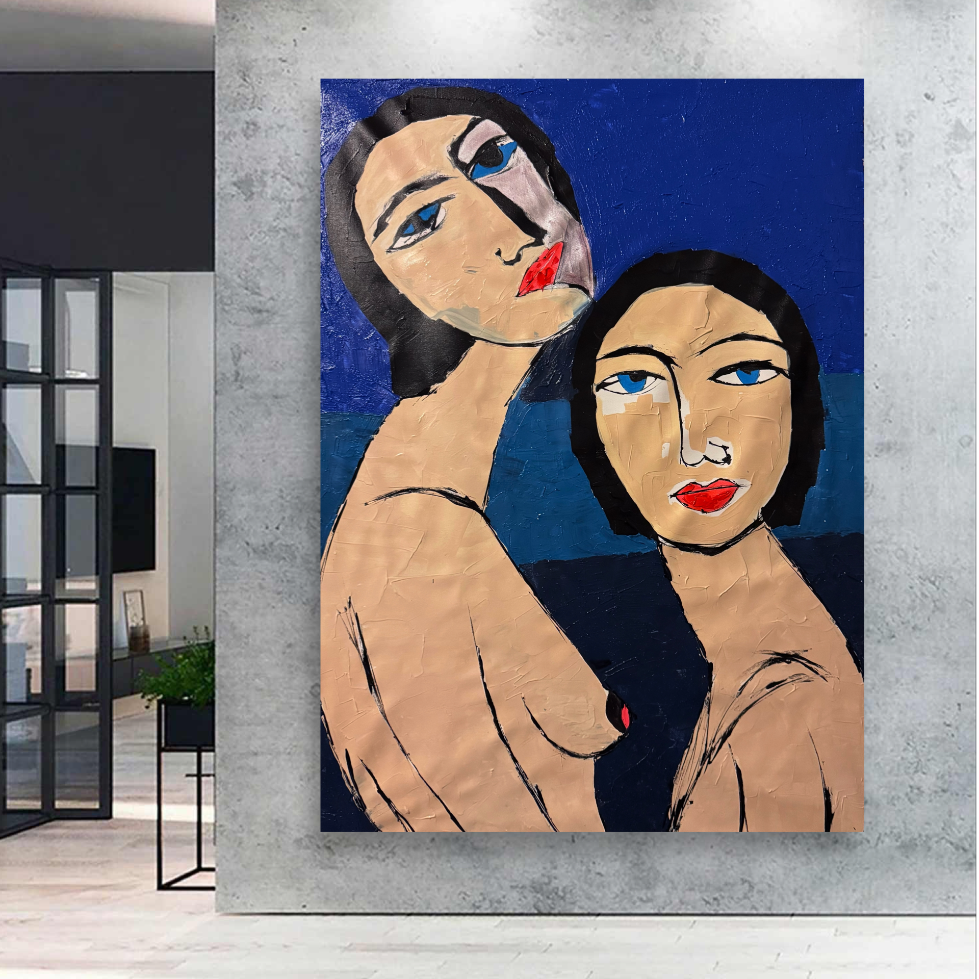 Original Neo-Expressionist Acrylic Canvas Painting, Two Women Portrait, Handmade Textured Wall Art, 26x36 Inches