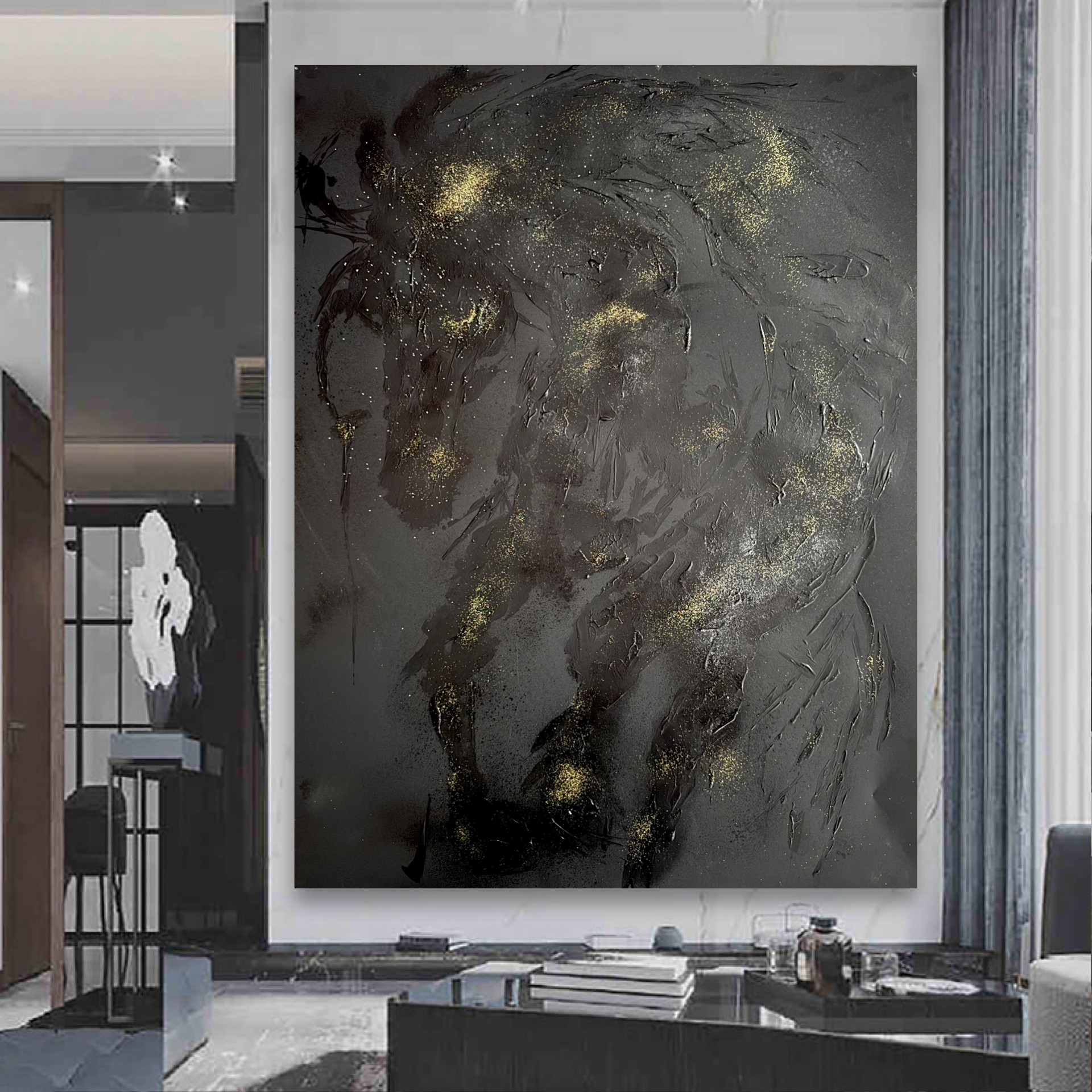 Abstract Horse Wall Art, Textured Acrylic Painting, Black and Gold Modern Artwork, Palette Knife Horse Art, Contemporary Animal Decor