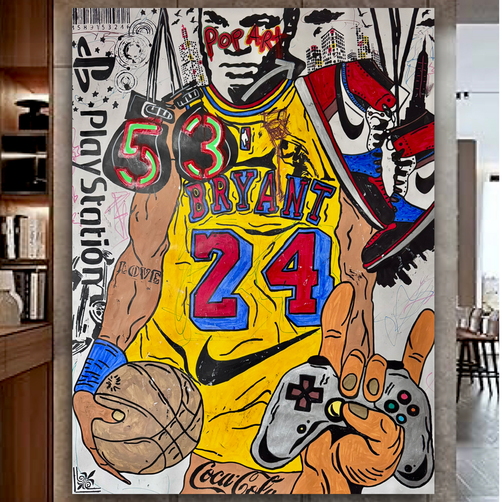 Kobe Bryant Pop Art Painting with Mike Tyson Head: Hand-Painted Japanese Kraft Paper (40x52 inch))