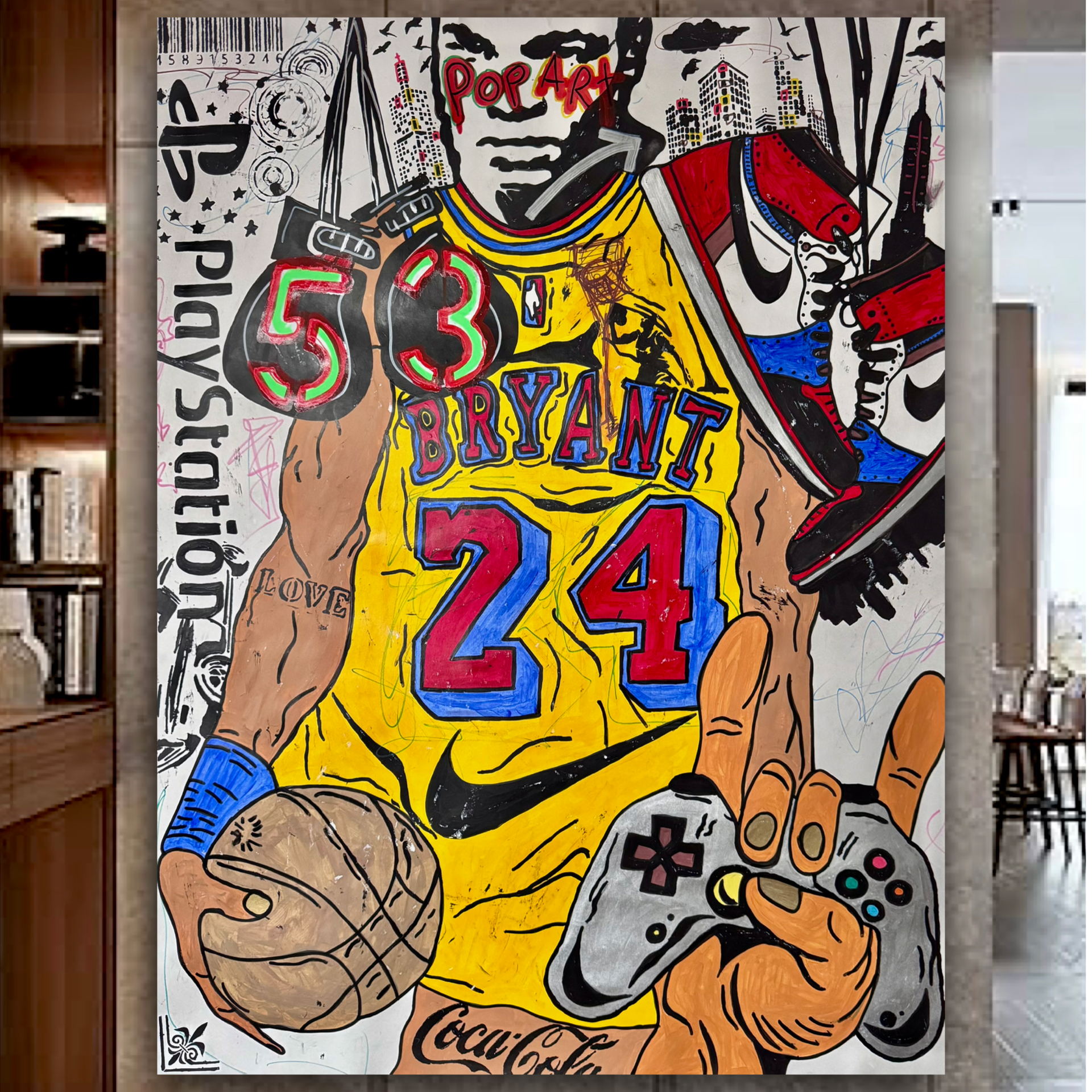 Kobe Bryant Pop Art Painting with Mike Tyson Head: Hand-Painted Japanese Kraft Paper (40x52 inch))