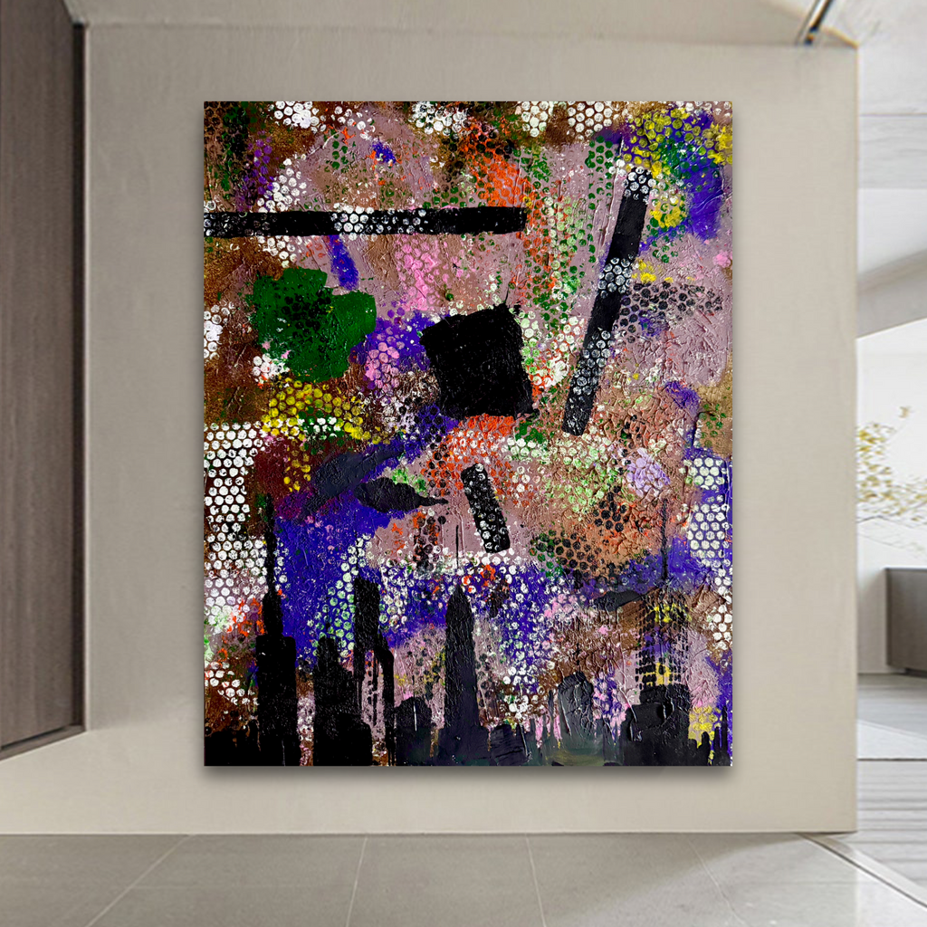 Abstract Manhattan Skyline Painting, Bubble Texture Pop Art, Acrylic on Poster Board 22x28, New York City Urban Contemporary Wall Art