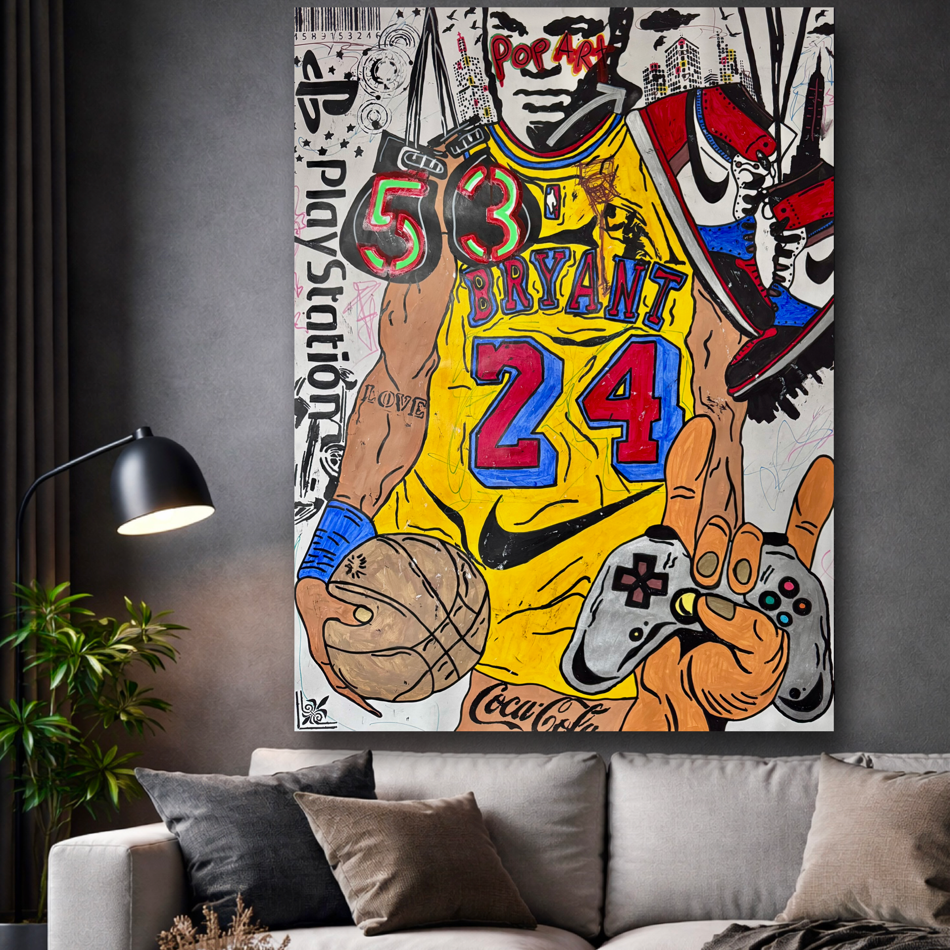 Kobe Bryant Pop Art Painting with Mike Tyson Head: Hand-Painted Japanese Kraft Paper (40x52 inch))
