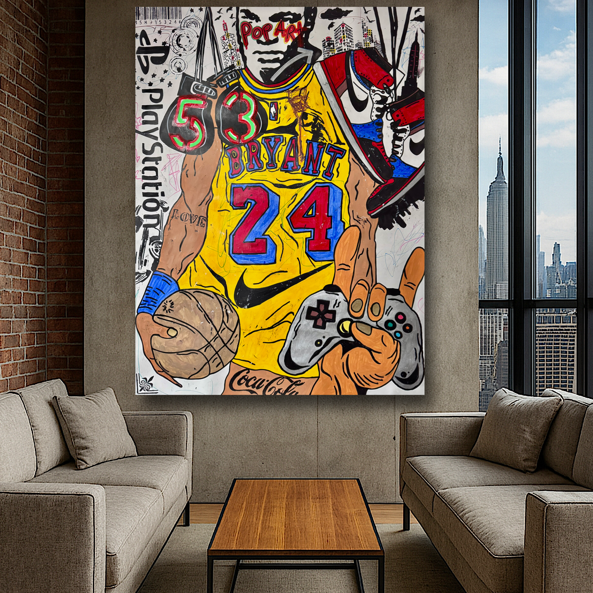 Kobe Bryant Pop Art Painting with Mike Tyson Head: Hand-Painted Japanese Kraft Paper (40x52 inch))