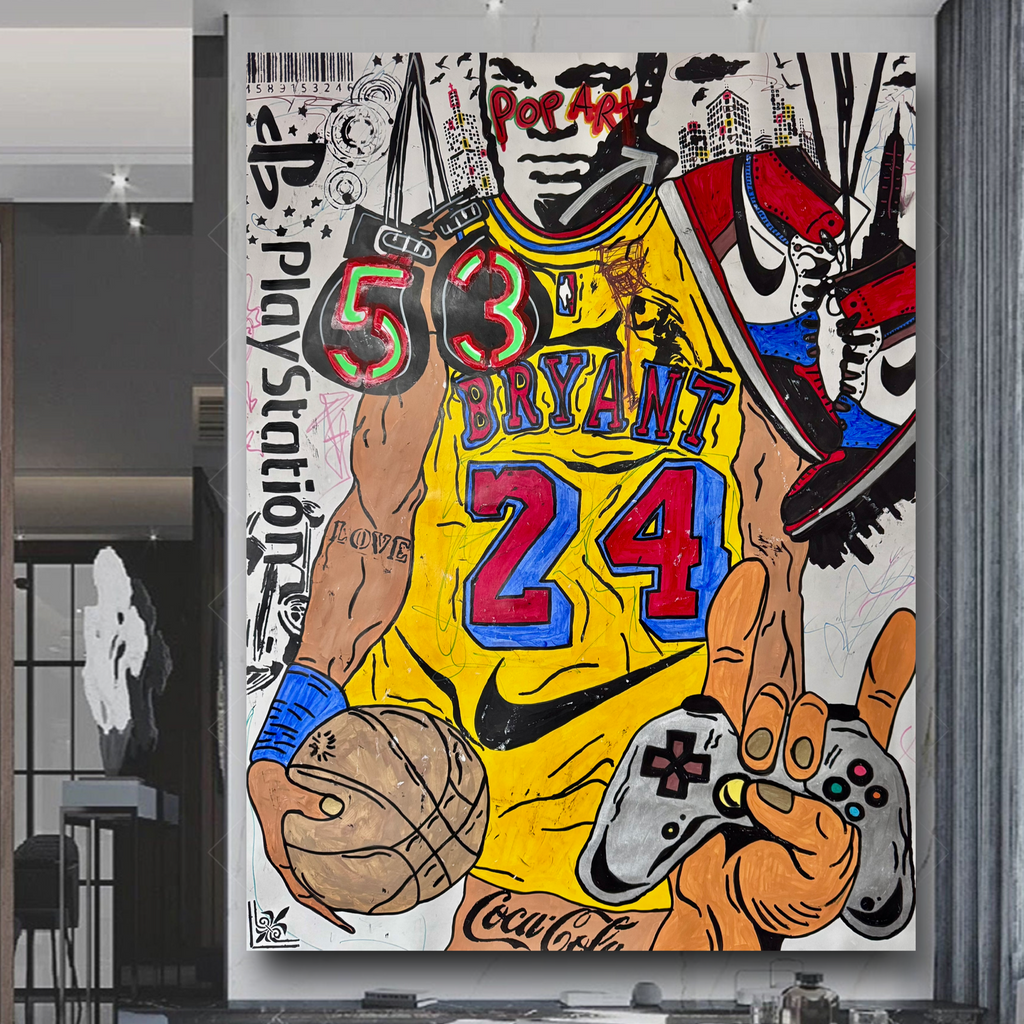 Kobe Bryant Pop Art Painting with Mike Tyson Head: Hand-Painted Japanese Kraft Paper (40x52 inch))