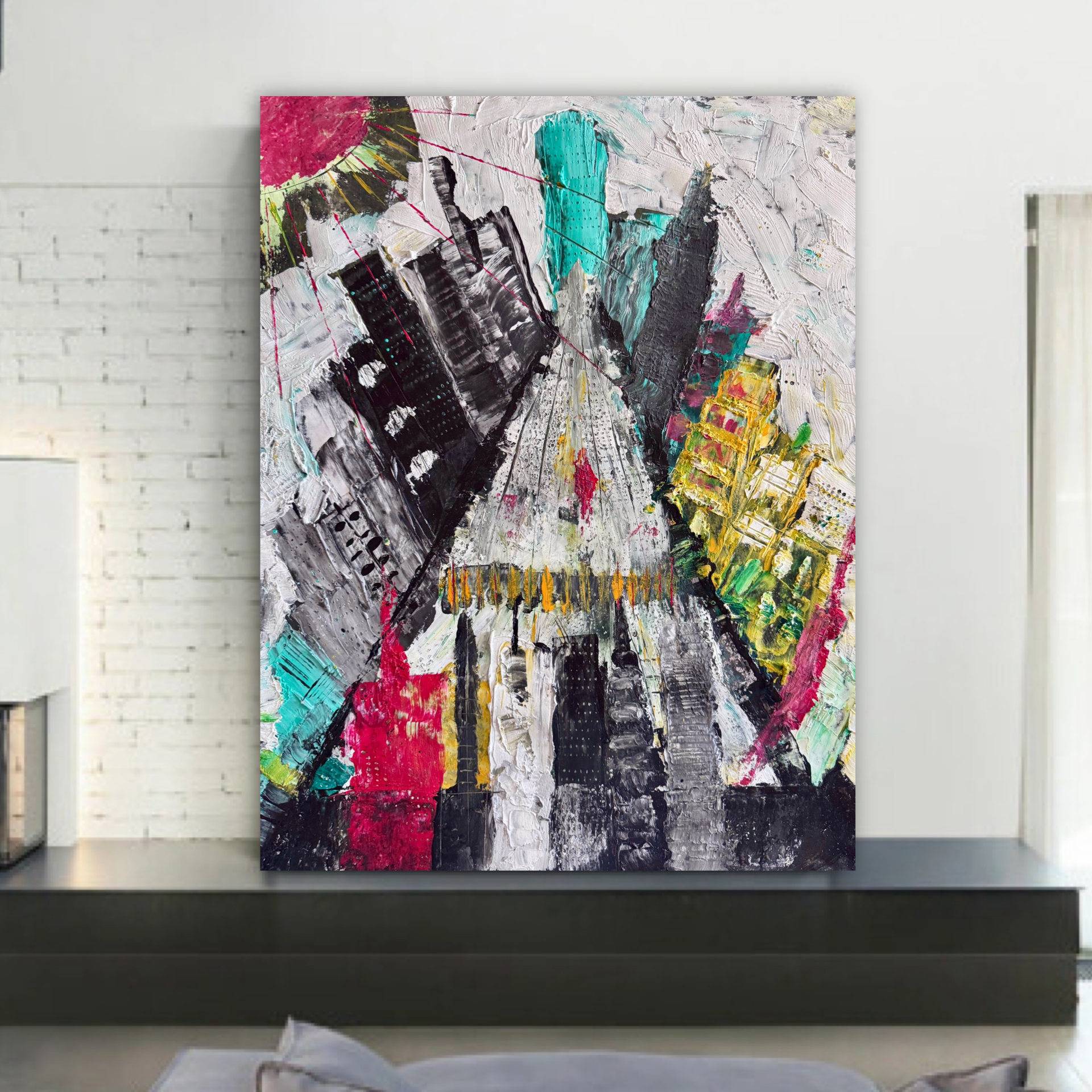 Abstract Manhattan Skyline Textured Acrylic Painting on Poster 22x28 Inch Urban Cityscape Mixed Media Art with Brush & Palette Knife Texture