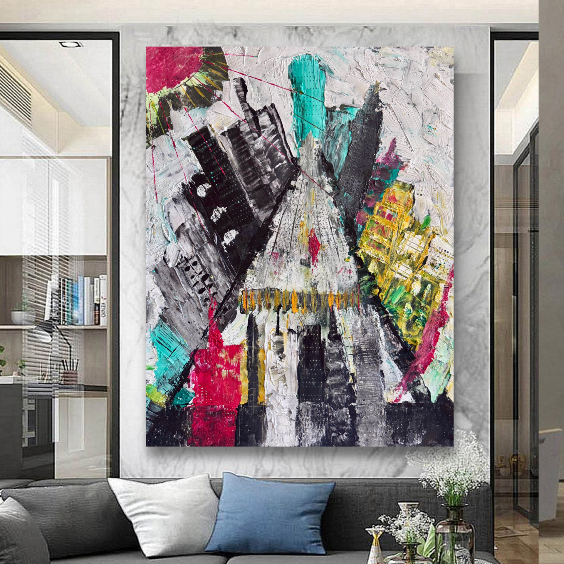 Abstract Manhattan Skyline Textured Acrylic Painting on Poster 22x28 Inch Urban Cityscape Mixed Media Art with Brush & Palette Knife Texture