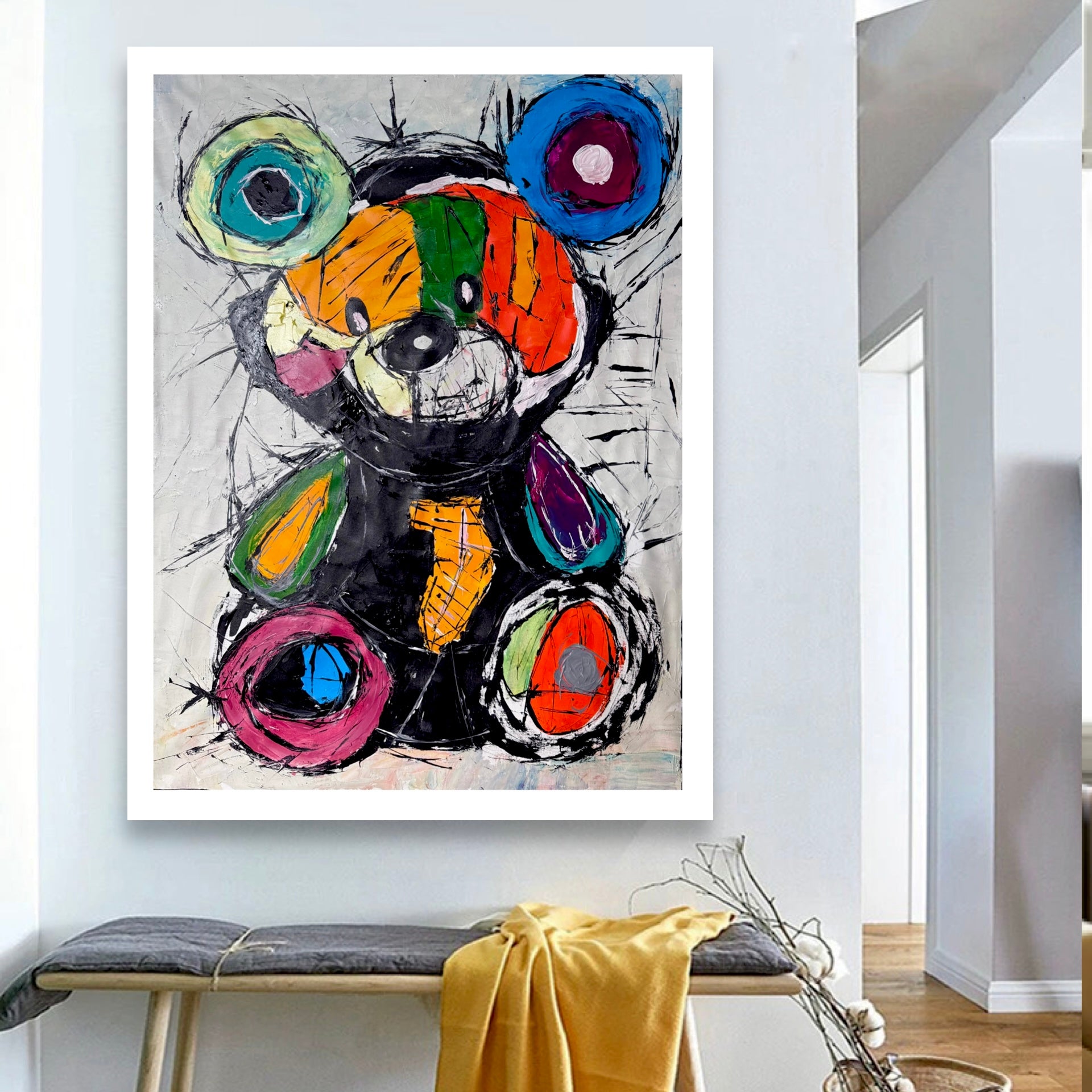 Colorful Abstract Teddy Bear Painting, 30x40 Inch Acrylic on Canvas, Pop Art Expressionist Wall Decor 30x40 inch