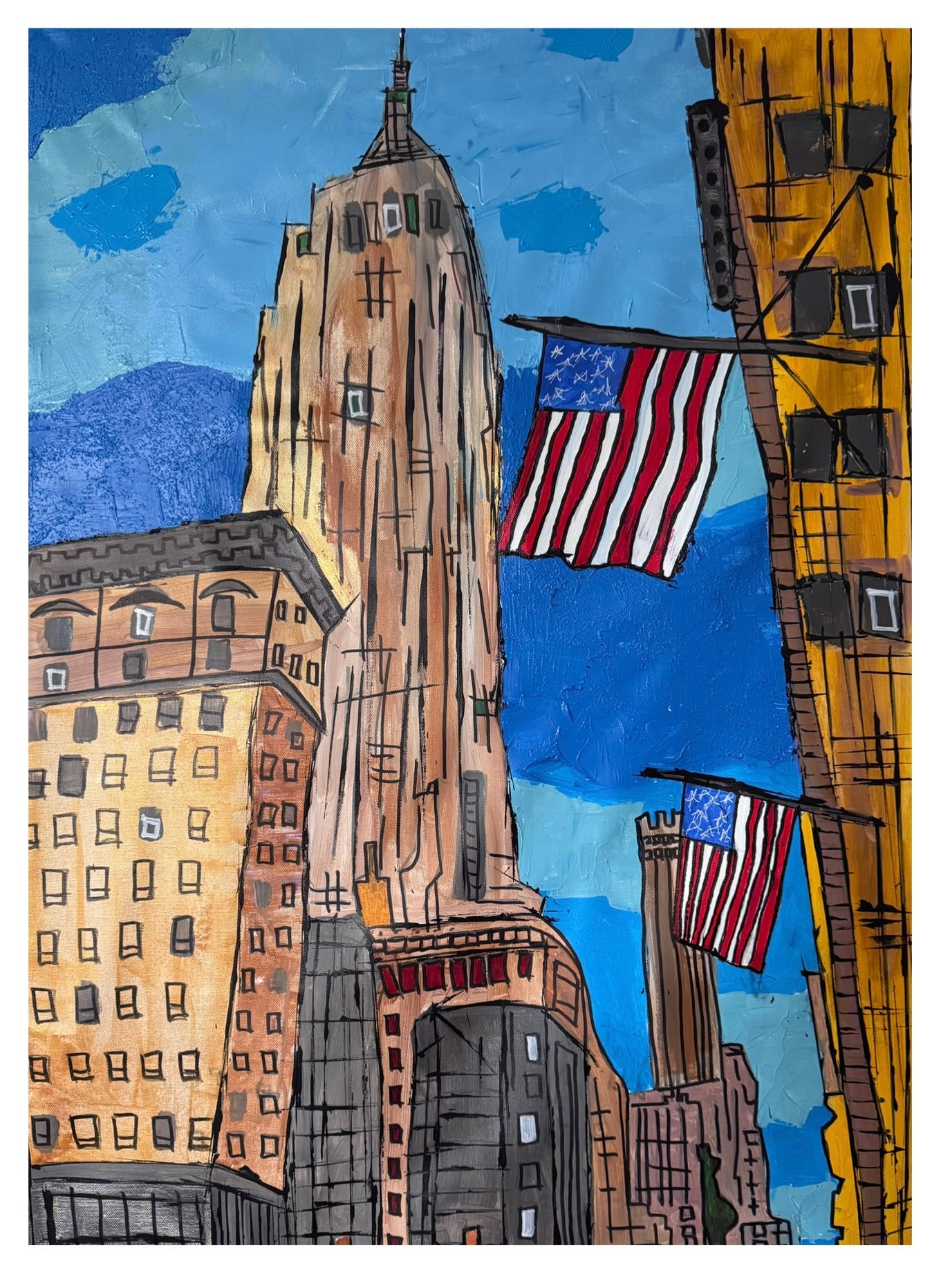 Original NYC Skyline Abstract Painting 26x36, Handmade Acrylic Canvas Art with American Flag, Textured Modern Wall Decor