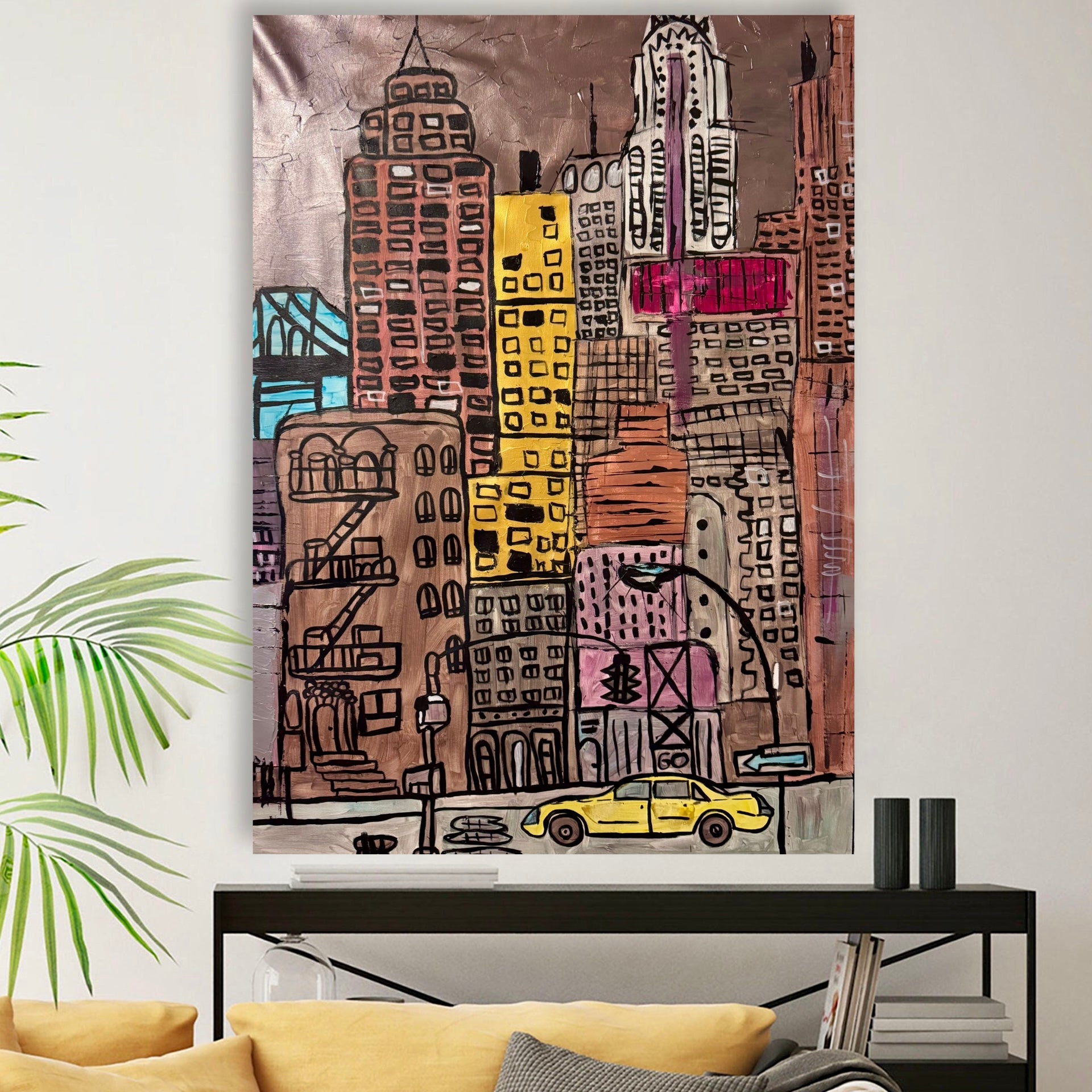 Original NYC Skyline Painting 26x36 Canvas | Hand Painted Acrylic Abstract Cityscape with Yellow Taxi & Urban Style